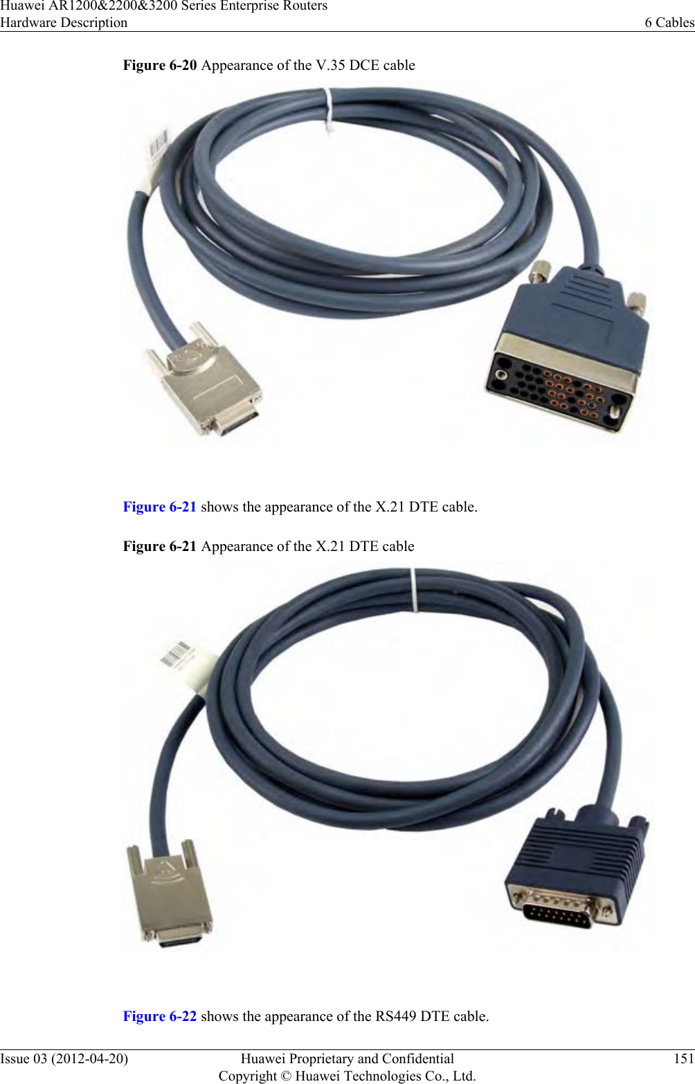 Figure 6-20 Appearance of the V.35 DCE cable Figure 6-21 shows the appearance of the X.21 DTE cable.Figure 6-21 Appearance of the X.21 DTE cable Figure 6-22 shows the appearance of the RS449 DTE cable.Huawei AR1200&amp;2200&amp;3200 Series Enterprise RoutersHardware Description 6 CablesIssue 03 (2012-04-20) Huawei Proprietary and ConfidentialCopyright © Huawei Technologies Co., Ltd.151