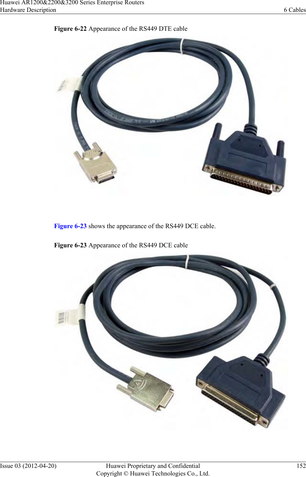 Figure 6-22 Appearance of the RS449 DTE cable Figure 6-23 shows the appearance of the RS449 DCE cable.Figure 6-23 Appearance of the RS449 DCE cable Huawei AR1200&amp;2200&amp;3200 Series Enterprise RoutersHardware Description 6 CablesIssue 03 (2012-04-20) Huawei Proprietary and ConfidentialCopyright © Huawei Technologies Co., Ltd.152