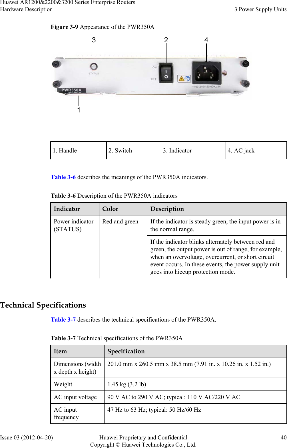 Figure 3-9 Appearance of the PWR350A312 4 1. Handle 2. Switch 3. Indicator 4. AC jackTable 3-6 describes the meanings of the PWR350A indicators.Table 3-6 Description of the PWR350A indicatorsIndicator Color DescriptionPower indicator(STATUS)Red and green If the indicator is steady green, the input power is inthe normal range.If the indicator blinks alternately between red andgreen, the output power is out of range, for example,when an overvoltage, overcurrent, or short circuitevent occurs. In these events, the power supply unitgoes into hiccup protection mode. Technical SpecificationsTable 3-7 describes the technical specifications of the PWR350A.Table 3-7 Technical specifications of the PWR350AItem SpecificationDimensions (widthx depth x height)201.0 mm x 260.5 mm x 38.5 mm (7.91 in. x 10.26 in. x 1.52 in.)Weight 1.45 kg (3.2 lb)AC input voltage 90 V AC to 290 V AC; typical: 110 V AC/220 V ACAC inputfrequency47 Hz to 63 Hz; typical: 50 Hz/60 HzHuawei AR1200&amp;2200&amp;3200 Series Enterprise RoutersHardware Description 3 Power Supply UnitsIssue 03 (2012-04-20) Huawei Proprietary and ConfidentialCopyright © Huawei Technologies Co., Ltd.40