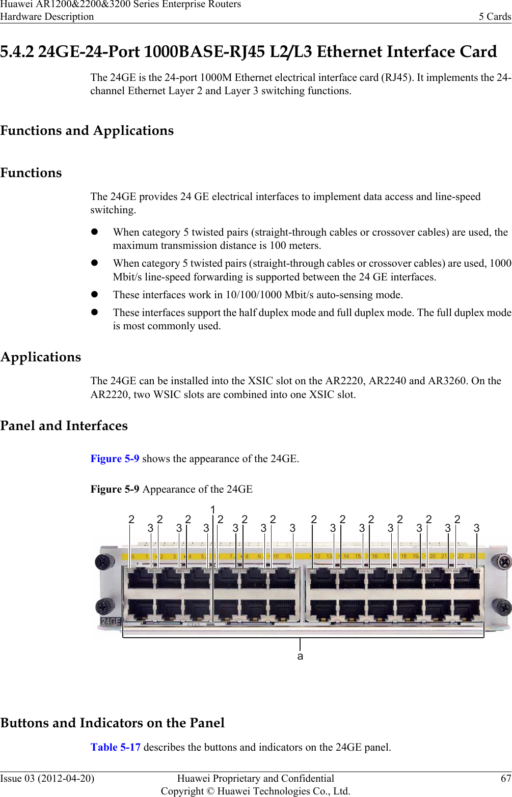 5.4.2 24GE-24-Port 1000BASE-RJ45 L2/L3 Ethernet Interface CardThe 24GE is the 24-port 1000M Ethernet electrical interface card (RJ45). It implements the 24-channel Ethernet Layer 2 and Layer 3 switching functions.Functions and ApplicationsFunctionsThe 24GE provides 24 GE electrical interfaces to implement data access and line-speedswitching.lWhen category 5 twisted pairs (straight-through cables or crossover cables) are used, themaximum transmission distance is 100 meters.lWhen category 5 twisted pairs (straight-through cables or crossover cables) are used, 1000Mbit/s line-speed forwarding is supported between the 24 GE interfaces.lThese interfaces work in 10/100/1000 Mbit/s auto-sensing mode.lThese interfaces support the half duplex mode and full duplex mode. The full duplex modeis most commonly used.ApplicationsThe 24GE can be installed into the XSIC slot on the AR2220, AR2240 and AR3260. On theAR2220, two WSIC slots are combined into one XSIC slot.Panel and InterfacesFigure 5-9 shows the appearance of the 24GE.Figure 5-9 Appearance of the 24GE1a232323232323232323232323 Buttons and Indicators on the PanelTable 5-17 describes the buttons and indicators on the 24GE panel.Huawei AR1200&amp;2200&amp;3200 Series Enterprise RoutersHardware Description 5 CardsIssue 03 (2012-04-20) Huawei Proprietary and ConfidentialCopyright © Huawei Technologies Co., Ltd.67