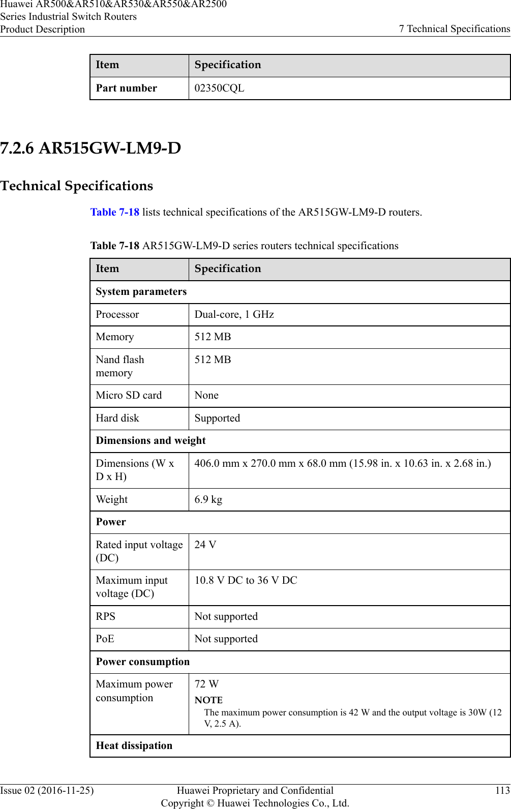 Item SpecificationPart number 02350CQL 7.2.6 AR515GW-LM9-DTechnical SpecificationsTable 7-18 lists technical specifications of the AR515GW-LM9-D routers.Table 7-18 AR515GW-LM9-D series routers technical specificationsItem SpecificationSystem parametersProcessor Dual-core, 1 GHzMemory 512 MBNand flashmemory512 MBMicro SD card NoneHard disk SupportedDimensions and weightDimensions (W xD x H)406.0 mm x 270.0 mm x 68.0 mm (15.98 in. x 10.63 in. x 2.68 in.)Weight 6.9 kgPowerRated input voltage(DC)24 VMaximum inputvoltage (DC)10.8 V DC to 36 V DCRPS Not supportedPoE Not supportedPower consumptionMaximum powerconsumption72 WNOTEThe maximum power consumption is 42 W and the output voltage is 30W (12V, 2.5 A).Heat dissipationHuawei AR500&amp;AR510&amp;AR530&amp;AR550&amp;AR2500Series Industrial Switch RoutersProduct Description 7 Technical SpecificationsIssue 02 (2016-11-25) Huawei Proprietary and ConfidentialCopyright © Huawei Technologies Co., Ltd.113