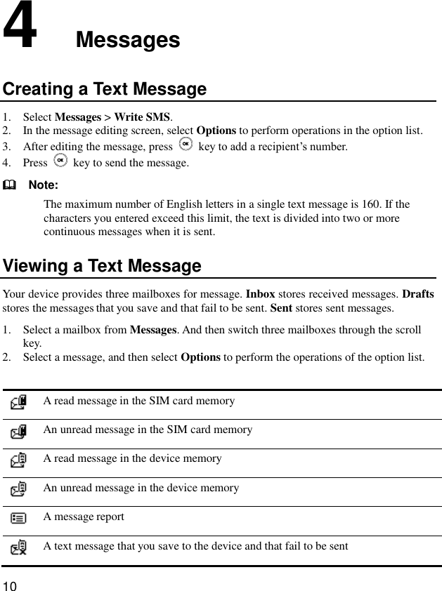  10 4  Messages Creating a Text Message 1. Select Messages &gt; Write SMS. 2. In the message editing screen, select Options to perform operations in the option list. 3. After editing the message, press    key to add a recipient’s number. 4. Press    key to send the message.   Note: The maximum number of English letters in a single text message is 160. If the characters you entered exceed this limit, the text is divided into two or more continuous messages when it is sent. Viewing a Text Message Your device provides three mailboxes for message. Inbox stores received messages. Drafts stores the messages that you save and that fail to be sent. Sent stores sent messages. 1. Select a mailbox from Messages. And then switch three mailboxes through the scroll key. 2. Select a message, and then select Options to perform the operations of the option list.   A read message in the SIM card memory  An unread message in the SIM card memory  A read message in the device memory  An unread message in the device memory  A message report  A text message that you save to the device and that fail to be sent 