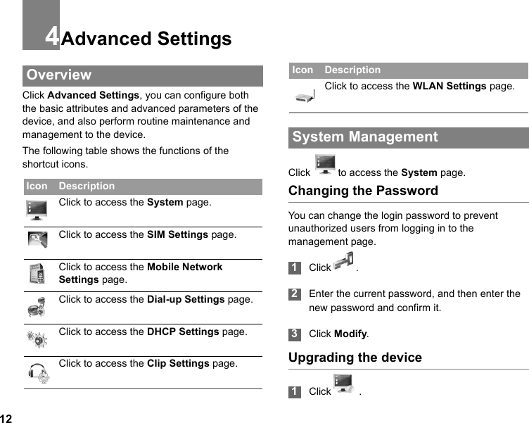 124Advanced Settings OverviewClick Advanced Settings, you can configure both the basic attributes and advanced parameters of the device, and also perform routine maintenance and management to the device.The following table shows the functions of the shortcut icons. System ManagementClick  to access the System page.Changing the PasswordYou can change the login password to prevent unauthorized users from logging in to the management page. 1Click . 2Enter the current password, and then enter the new password and confirm it.  3Click Modify.Upgrading the device 1Click  .  Icon DescriptionClick to access the System page.Click to access the SIM Settings page.Click to access the Mobile Network Settings page.Click to access the Dial-up Settings page.Click to access the DHCP Settings page.Click to access the Clip Settings page.Click to access the WLAN Settings page.Icon Description