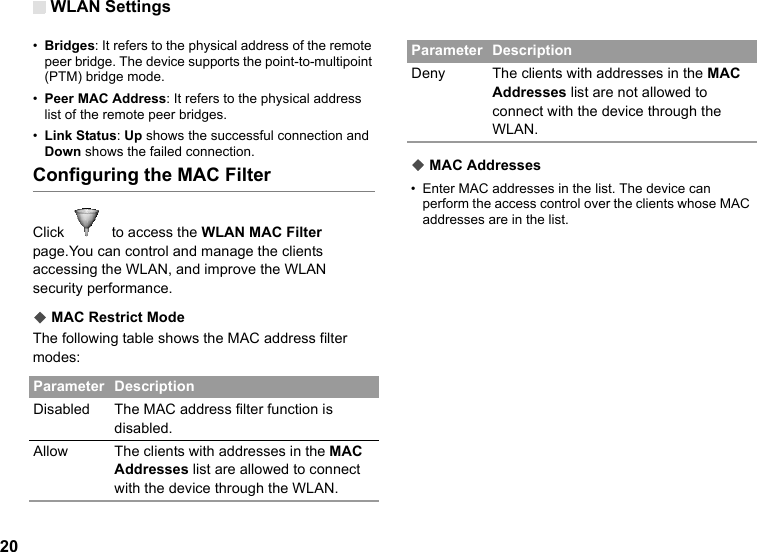 WLAN Settings20•Bridges: It refers to the physical address of the remote peer bridge. The device supports the point-to-multipoint (PTM) bridge mode.•Peer MAC Address: It refers to the physical address list of the remote peer bridges.•Link Status: Up shows the successful connection and Down shows the failed connection.Configuring the MAC FilterClick    to access the WLAN MAC Filter page.You can control and manage the clients accessing the WLAN, and improve the WLAN security performance.◆ MAC Restrict ModeThe following table shows the MAC address filter modes:◆ MAC Addresses• Enter MAC addresses in the list. The device can perform the access control over the clients whose MAC addresses are in the list.Parameter DescriptionDisabled The MAC address filter function is disabled.Allow The clients with addresses in the MAC Addresses list are allowed to connect with the device through the WLAN.Deny The clients with addresses in the MAC Addresses list are not allowed to connect with the device through the WLAN.Parameter Description