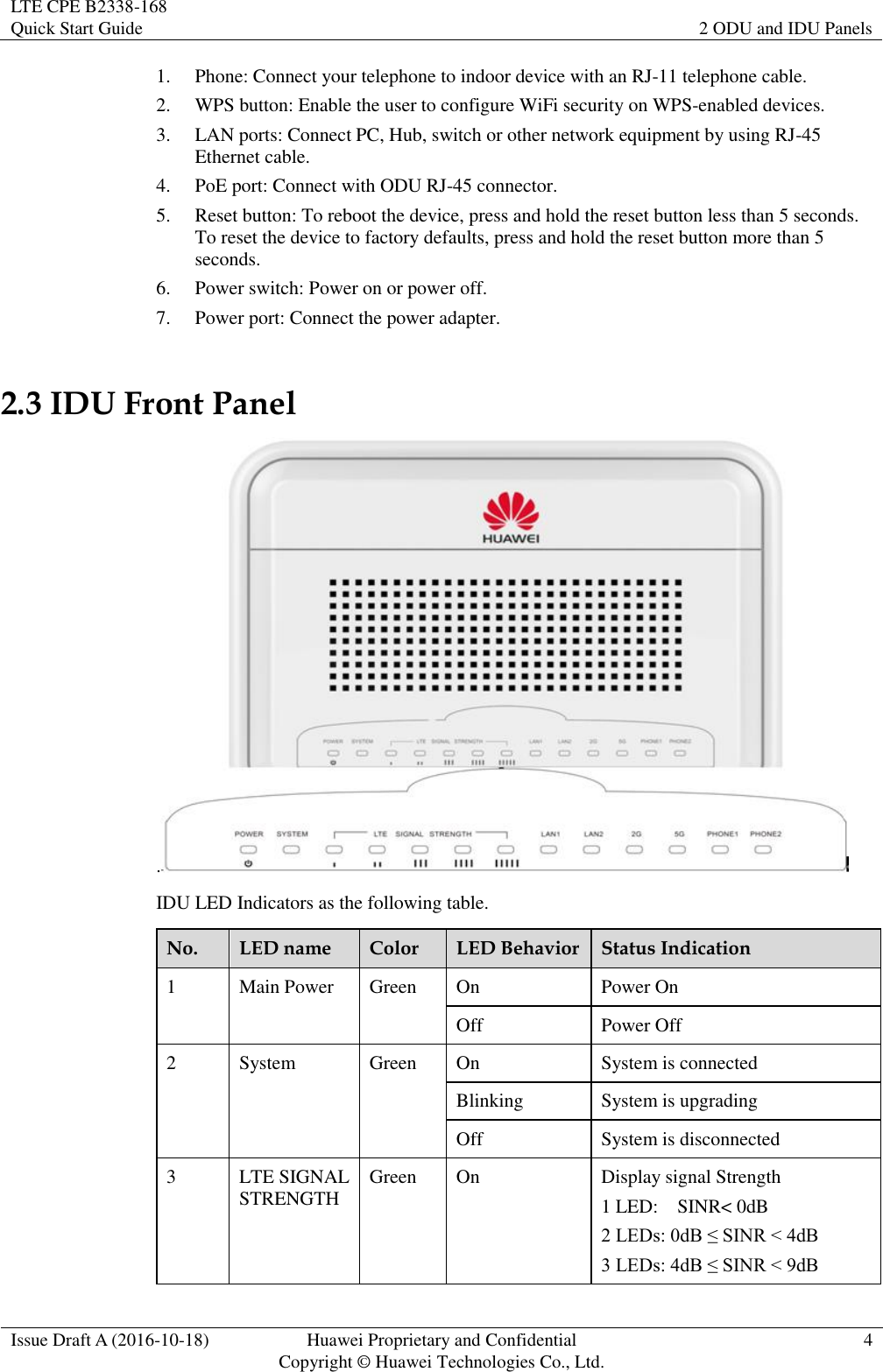 LTE CPE B2338-168   Quick Start Guide 2 ODU and IDU Panels  Issue Draft A (2016-10-18) Huawei Proprietary and Confidential                                     Copyright ©  Huawei Technologies Co., Ltd. 4  1. Phone: Connect your telephone to indoor device with an RJ-11 telephone cable. 2. WPS button: Enable the user to configure WiFi security on WPS-enabled devices. 3. LAN ports: Connect PC, Hub, switch or other network equipment by using RJ-45 Ethernet cable. 4. PoE port: Connect with ODU RJ-45 connector. 5. Reset button: To reboot the device, press and hold the reset button less than 5 seconds. To reset the device to factory defaults, press and hold the reset button more than 5 seconds. 6. Power switch: Power on or power off. 7. Power port: Connect the power adapter. 2.3 IDU Front Panel .  IDU LED Indicators as the following table. No. LED name Color LED Behavior Status Indication 1 Main Power Green On Power On Off Power Off 2 System Green On System is connected Blinking System is upgrading Off System is disconnected 3 LTE SIGNAL     STRENGTH Green On Display signal Strength 1 LED:    SINR&lt; 0dB 2 LEDs: 0dB ≤ SINR &lt; 4dB 3 LEDs: 4dB ≤ SINR &lt; 9dB 
