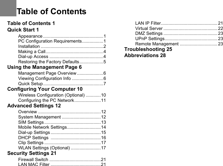 Table of Contents 1Quick Start 1Appearance ................................................1PC Configuration Requirements.................1Installation ..................................................2Making a Call..............................................4Dial-up Access ...........................................4Restoring the Factory Defaults...................5Using the Management Page 6Management Page Overview .....................6Viewing Configuration Info .........................6Quick Setup................................................7Configuring Your Computer 10Wireless Configuration (Optional) ............10Configuring the PC Network.....................11Advanced Settings 12Overview ..................................................12System Management ...............................12SIM Settings .............................................13Mobile Network Settings...........................14Dial-up Settings ........................................15DHCP Settings  ........................................16Clip Settings .............................................17WLAN Settings (Optional) ........................17Security Settings 21Firewall Switch .........................................21LAN MAC Filter ........................................21LAN IP Filter............................................. 21Virtual Server ........................................... 22DMZ Settings ........................................... 23UPnP Settings.......................................... 23Remote Management .............................. 23Troubleshooting 25Abbreviations 28Table of Contents