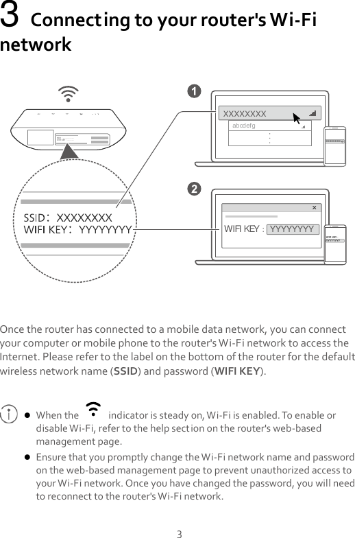 3 3 Connecting to your router&apos;s Wi-Fi network SSID：....................WIFI KEY：............abcdefgXXXXXXXXWIFI KEY： YYYYYYYYXXXXXXXXWIFI KEY：YYYYYYYY Once the router has connected to a mobile data network, you can connect your computer or mobile phone to the router&apos;s Wi-Fi network to access the Internet. Please refer to the label on the bottom of the router for the default wireless network name (SSID) and password (WIFI KEY).    When the    indicator is steady on, Wi-Fi is enabled. To enable or disable Wi-Fi, refer to the help section on the router&apos;s web-based management page.  Ensure that you promptly change the Wi-Fi network name and password on the web-based management page to prevent unauthorized access to your Wi-Fi network. Once you have changed the password, you will need to reconnect to the router&apos;s Wi-Fi network. 