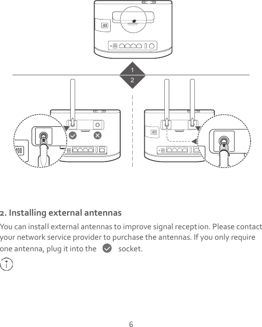 6 12 2. Installing external antennas You can install external antennas to improve signal reception. Please contact your network service provider to purchase the antennas. If you only require one antenna, plug it into the    socket.  