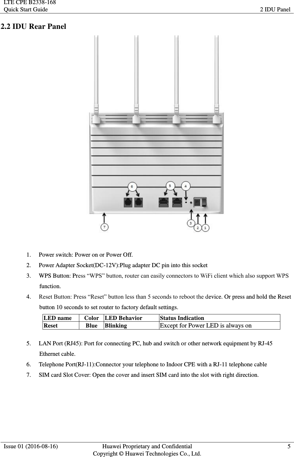 LTE CPE B2338-168 Quick Start Guide 2 IDU Panel  Issue 01 (2016-08-16) Huawei Proprietary and Confidential         Copyright © Huawei Technologies Co., Ltd. 5  2.2 IDU Rear Panel   1. Power switch: Power on or Power Off. 2. Power Adapter Socket(DC-12V):Plug adapter DC pin into this socket 3. WPS Button: Prfunction. 4. evice. Or press and hold the Reset button 10 seconds to set router to factory default settings. LED name Color LED Behavior Status Indication Reset Blue Blinking Except for Power LED is always on  5. LAN Port (RJ45): Port for connecting PC, hub and switch or other network equipment by RJ-45 Ethernet cable. 6. Telephone Port(RJ-11):Connector your telephone to Indoor CPE with a RJ-11 telephone cable 7. SIM card Slot Cover: Open the cover and insert SIM card into the slot with right direction. 
