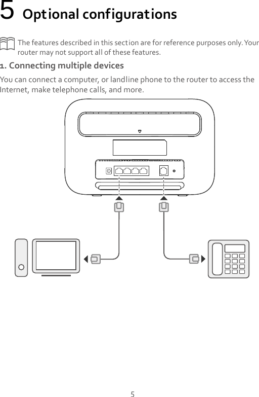 5 5 Optional configurations 1. Connecting multiple devices You can connect a computer, or landline phone to the router to access the Internet, make telephone calls, and more.     The features described in this section are for reference purposes only. Your router may not support all of these features. 
