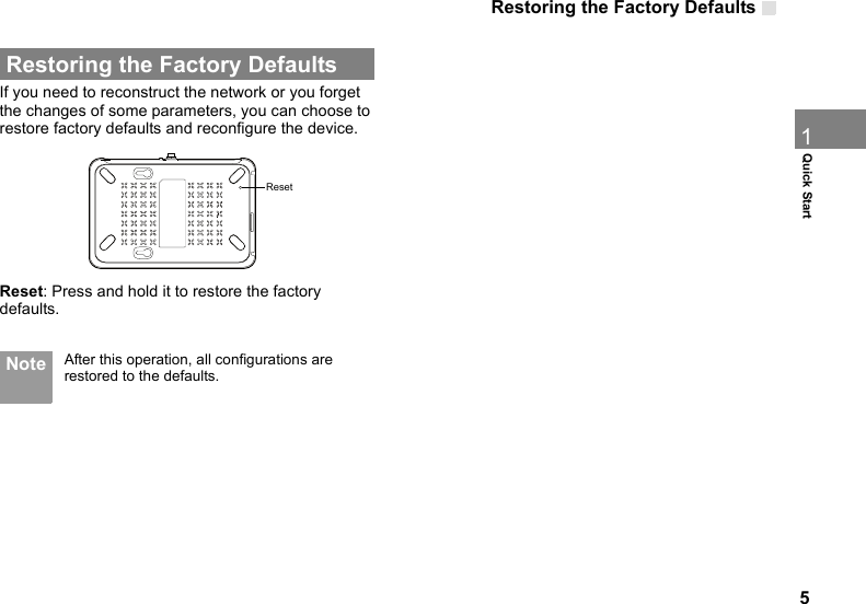 Restoring the Factory Defaults   51Quick Start Restoring the Factory DefaultsIf you need to reconstruct the network or you forget the changes of some parameters, you can choose to restore factory defaults and reconfigure the device.Reset: Press and hold it to restore the factory defaults.  Note After this operation, all configurations are restored to the defaults.Reset