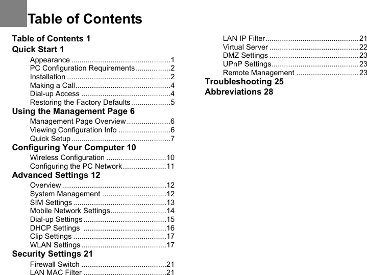 Table of Contents 1Quick Start 1Appearance ................................................1PC Configuration Requirements.................2Installation ..................................................2Making a Call..............................................4Dial-up Access ...........................................4Restoring the Factory Defaults...................5Using the Management Page 6Management Page Overview .....................6Viewing Configuration Info .........................6Quick Setup................................................7Configuring Your Computer 10Wireless Configuration .............................10Configuring the PC Network.....................11Advanced Settings 12Overview ..................................................12System Management ...............................12SIM Settings.............................................13Mobile Network Settings...........................14Dial-up Settings........................................15DHCP Settings  ........................................16Clip Settings .............................................17WLAN Settings.........................................17Security Settings 21Firewall Switch .........................................21LAN MAC Filter ........................................21LAN IP Filter............................................. 21Virtual Server ........................................... 22DMZ Settings ........................................... 23UPnP Settings.......................................... 23Remote Management .............................. 23Troubleshooting 25Abbreviations 28Table of Contents