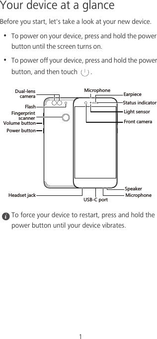 1Your device at a glanceBefore you start, let&apos;s take a look at your new device.•  To power on your device, press and hold the power button until the screen turns on.•  To power off your device, press and hold the power button, and then touch  . To force your device to restart, press and hold the power button until your device vibrates.;9()VUXZ+GXVOKIK2OMNZYKTYUX6U]KXH[ZZUT,XUTZIGSKXG9VKGQKX9ZGZ[YOTJOIGZUX*[GRRKTYIGSKXG,RGYN,OTMKXVXOTZYIGTTKX.KGJYKZPGIQ&lt;UR[SKH[ZZUT3OIXUVNUTK3OIXUVNUTK