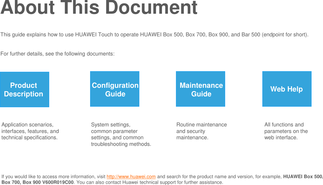 This guide explains how to use HUAWEI Touch to operate HUAWEI Box 500, Box 700, Box 900, and Bar 500 (endpoint for short).For further details, see the following documents:About This DocumentApplication scenarios, interfaces, features, and technical specifications.System settings, common parameter settings, and common troubleshooting methods.Routine maintenance and security maintenance.All functions and parameters on the web interface.Product Description Configuration Guide Maintenance Guide Web HelpIf you would like to access more information, visit http://www.huawei.com and search for the product name and version, for example, HUAWEI Box 500, Box 700, Box 900 V600R019C00. You can also contact Huawei technical support for further assistance.
