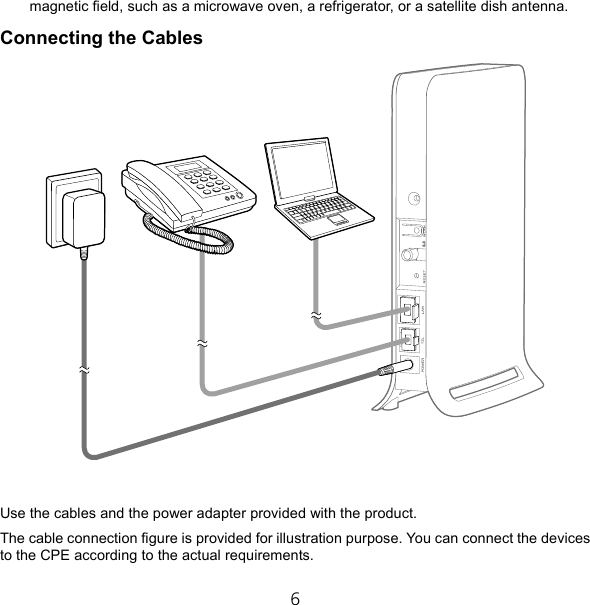 6 magnetic ﬁeld, such as a microwave oven, a refrigerator, or a satellite dish antenna. Connecting the Cables    Use the cables and the power adapter provided with the product. The cable connection ﬁgure is provided for illustration purpose. You can connect the devices to the CPE according to the actual requirements. 