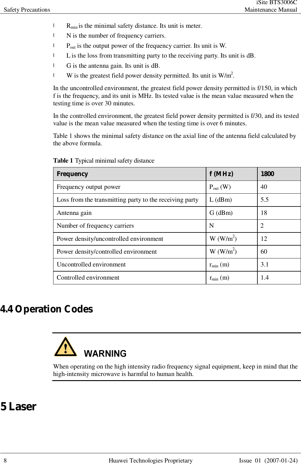 Safety Precautions  iSite BTS3006C Maintenance Manual  8 Huawei Technologies Proprietary Issue 01 (2007-01-24)  l Rmin is the minimal safety distance. Its unit is meter.  l N is the number of frequency carriers. l Pout is the output power of the frequency carrier. Its unit is W.  l L is the loss from transmitting party to the receiving party. Its unit is dB. l G is the antenna gain. Its unit is dB. l W is the greatest field power density permitted. Its unit is W/m2. In the uncontrolled environment, the greatest field power density permitted is f/150, in which f is the frequency, and its unit is MHz. Its tested value is the mean value measured when the testing time is over 30 minutes. In the controlled environment, the greatest field power density permitted is f/30, and its tested value is the mean value measured when the testing time is over 6 minutes. Table 1 shows the minimal safety distance on the axial line of the antenna field calculated by the above formula. Table 1 Typical minimal safety distance Frequency  f (MHz)  1800 Frequency output power  Pout (W) 40 Loss from the transmitting party to the receiving party L (dBm) 5.5 Antenna gain G (dBm) 18 Number of frequency carriers N 2 Power density/uncontrolled environment  W (W/m2) 12 Power density/controlled environment W (W/m2) 60 Uncontrolled environment rmin (m) 3.1 Controlled environment rmin (m) 1.4  4.4 Operation Codes   When operating on the high intensity radio frequency signal equipment, keep in mind that the high-intensity microwave is harmful to human health. 5 Laser  