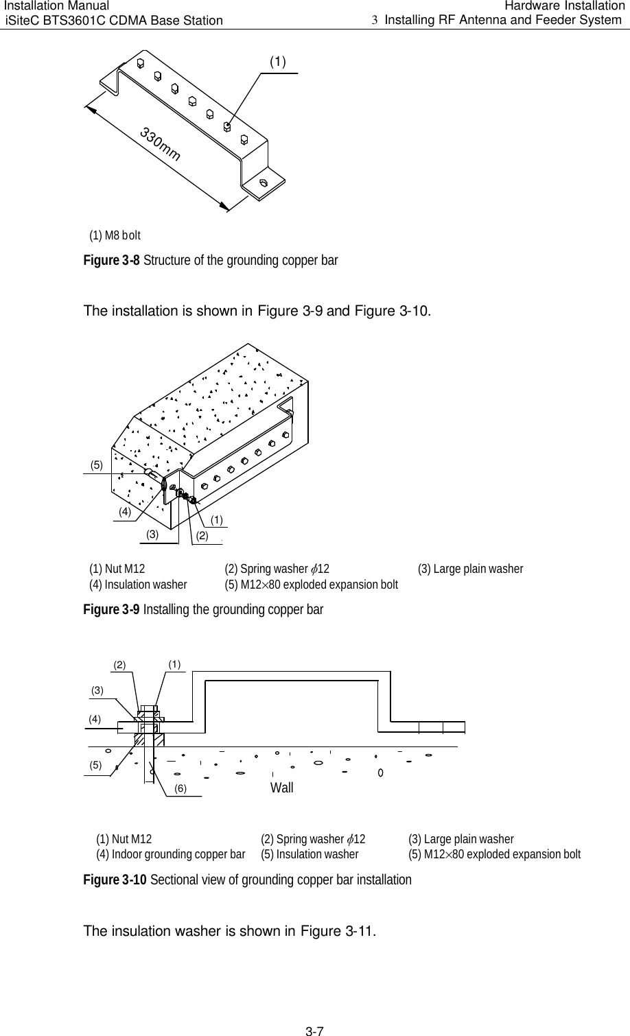 Installation Manual   iSiteC BTS3601C CDMA Base Station Hardware Installation 3  Installing RF Antenna and Feeder System  3-7 (1)330mm (1) M8 bolt Figure 3-8 Structure of the grounding copper bar　The installation is shown in Figure 3-9 and Figure 3-10. (1)(2)(3)(4)(5) (1) Nut M12 (2) Spring washer v12 (3) Large plain washer (4) Insulation washer (5) M12%80 exploded expansion bolt Figure 3-9 Installing the grounding copper bar (1)(2)(3)(4)(5)(6) Wall (1) Nut M12 (2) Spring washer v12 (3) Large plain washer (4) Indoor grounding copper bar (5) Insulation washer (5) M12%80 exploded expansion bolt  Figure 3-10 Sectional view of grounding copper bar installation The insulation washer is shown in Figure 3-11. 