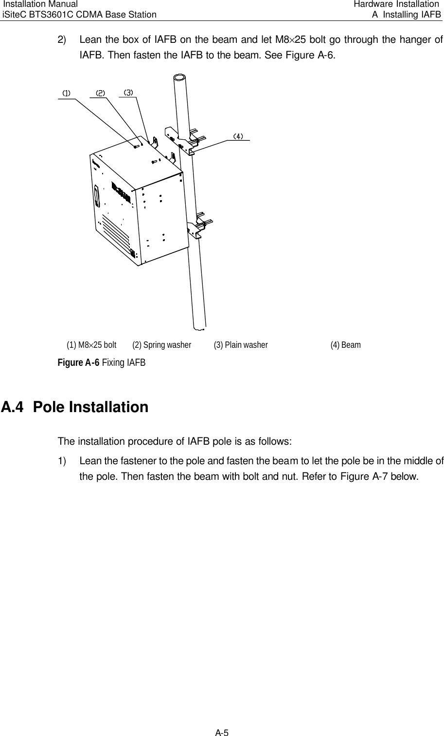Installation Manual   iSiteC BTS3601C CDMA Base Station Hardware Installation A  Installing IAFB  A-5 2) Lean the box of IAFB on the beam and let M8%25 bolt go through the hanger of IAFB. Then fasten the IAFB to the beam. See Figure A-6.　　(1) M8%25 bolt　(2) Spring washer　(3) Plain washer　(4) Beam　Figure A-6 Fixing IAFB　A.4  Pole Installation　The installation procedure of IAFB pole is as follows:　1) Lean the fastener to the pole and fasten the beam to let the pole be in the middle of the pole. Then fasten the beam with bolt and nut. Refer to Figure A-7 below.　