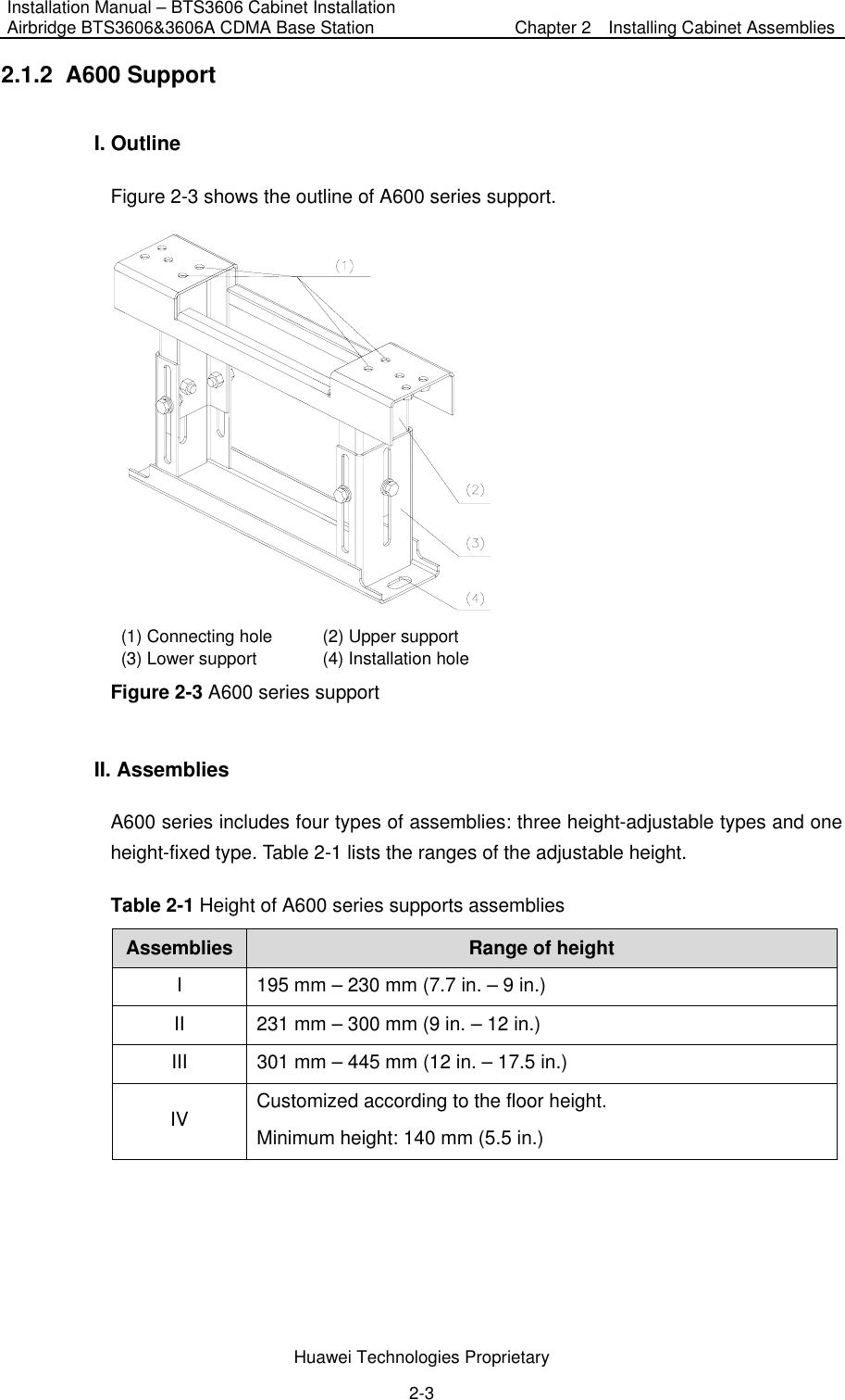 Installation Manual – BTS3606 Cabinet Installation Airbridge BTS3606&amp;3606A CDMA Base Station  Chapter 2    Installing Cabinet Assemblies  Huawei Technologies Proprietary 2-3 2.1.2  A600 Support I. Outline Figure 2-3 shows the outline of A600 series support.  (1) Connecting hole  (2) Upper support (3) Lower support  (4) Installation hole Figure 2-3 A600 series support II. Assemblies A600 series includes four types of assemblies: three height-adjustable types and one height-fixed type. Table 2-1 lists the ranges of the adjustable height. Table 2-1 Height of A600 series supports assemblies Assemblies  Range of height I  195 mm – 230 mm (7.7 in. – 9 in.) II  231 mm – 300 mm (9 in. – 12 in.) III  301 mm – 445 mm (12 in. – 17.5 in.) IV  Customized according to the floor height. Minimum height: 140 mm (5.5 in.)  