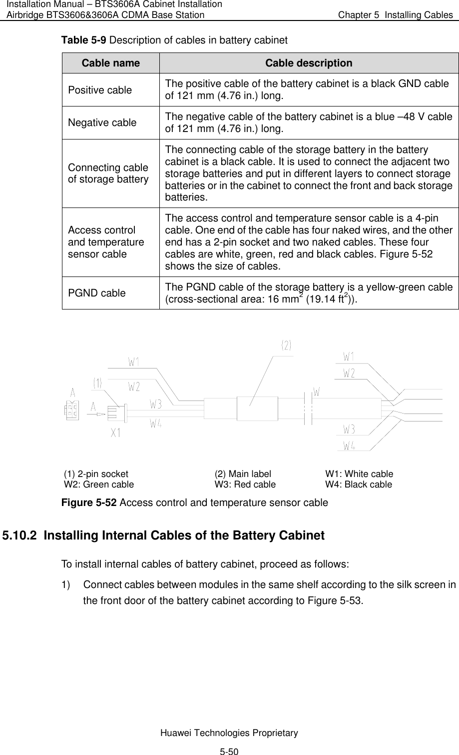 Installation Manual – BTS3606A Cabinet Installation Airbridge BTS3606&amp;3606A CDMA Base Station  Chapter 5  Installing Cables  Huawei Technologies Proprietary 5-50 Table 5-9 Description of cables in battery cabinet Cable name  Cable description Positive cable  The positive cable of the battery cabinet is a black GND cable of 121 mm (4.76 in.) long.  Negative cable  The negative cable of the battery cabinet is a blue –48 V cable of 121 mm (4.76 in.) long.  Connecting cable of storage battery The connecting cable of the storage battery in the battery cabinet is a black cable. It is used to connect the adjacent two storage batteries and put in different layers to connect storage batteries or in the cabinet to connect the front and back storage batteries.  Access control and temperature sensor cable The access control and temperature sensor cable is a 4-pin cable. One end of the cable has four naked wires, and the other end has a 2-pin socket and two naked cables. These four cables are white, green, red and black cables. Figure 5-52 shows the size of cables. PGND cable   The PGND cable of the storage battery is a yellow-green cable (cross-sectional area: 16 mm2 (19.14 ft2)).   (1) 2-pin socket  (2) Main label  W1: White cable W2: Green cable  W3: Red cable  W4: Black cable Figure 5-52 Access control and temperature sensor cable 5.10.2  Installing Internal Cables of the Battery Cabinet To install internal cables of battery cabinet, proceed as follows: 1)  Connect cables between modules in the same shelf according to the silk screen in the front door of the battery cabinet according to Figure 5-53.  