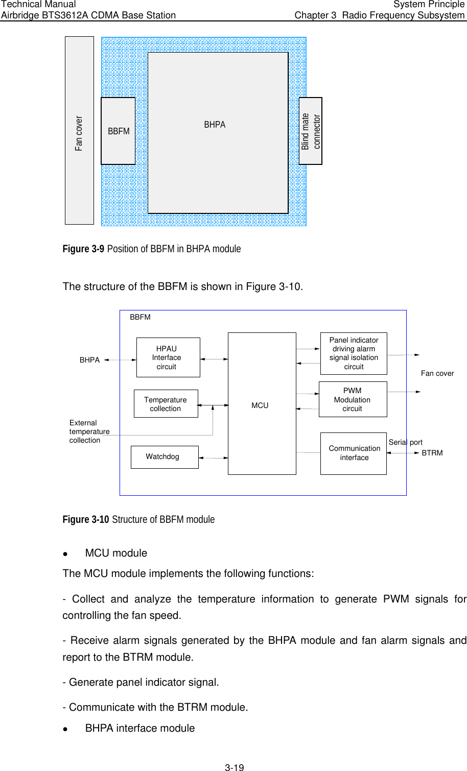Technical Manual  Airbridge BTS3612A CDMA Base Station  System Principle Chapter 3  Radio Frequency Subsystem  3-19 Fan coverBHPABBFMBlind mateconnector Figure 3-9 Position of BBFM in BHPA module The structure of the BBFM is shown in Figure 3-10.  MCUCommunicationinterfaceWatchdogHPAUInterfacecircuitPWMModulationcircuitPanel indicatordriving alarmsignal isolationcircuitTemperaturecollection Serial portBBFMBHPAExternaltemperaturecollectionFan coverBTRM Figure 3-10 Structure of BBFM module z MCU module The MCU module implements the following functions:  - Collect and analyze the temperature information to generate PWM signals for controlling the fan speed.  - Receive alarm signals generated by the BHPA module and fan alarm signals and report to the BTRM module.  - Generate panel indicator signal. - Communicate with the BTRM module.  z BHPA interface module 