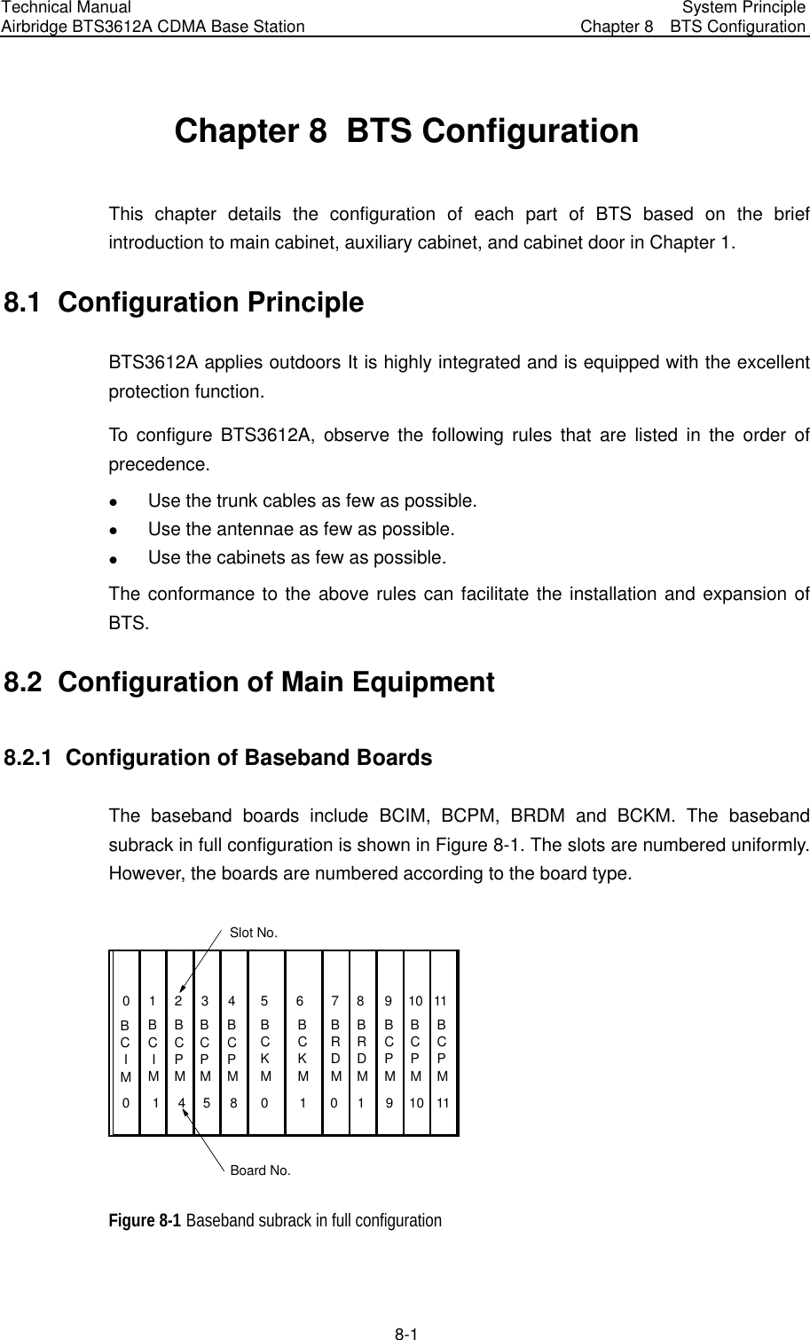 Technical Manual Airbridge BTS3612A CDMA Base Station  System Principle Chapter 8  BTS Configuration  8-1 Chapter 8  BTS Configuration This chapter details the configuration of each part of BTS based on the brief introduction to main cabinet, auxiliary cabinet, and cabinet door in Chapter 1. 8.1  Configuration Principle BTS3612A applies outdoors It is highly integrated and is equipped with the excellent protection function.   To configure BTS3612A, observe the following rules that are listed in the order of precedence. z Use the trunk cables as few as possible.   z Use the antennae as few as possible. z Use the cabinets as few as possible.   The conformance to the above rules can facilitate the installation and expansion of BTS. 8.2  Configuration of Main Equipment   8.2.1  Configuration of Baseband Boards   The baseband boards include BCIM, BCPM, BRDM and BCKM. The baseband subrack in full configuration is shown in Figure 8-1. The slots are numbered uniformly. However, the boards are numbered according to the board type.   Slot No.Board No.0BC IM1BC IM2BCPM3BCPMBCKMBCKMBRDMBRDMBCPMBCPMBCPM5678910110145 0 101910114BCPM8 Figure 8-1 Baseband subrack in full configuration 