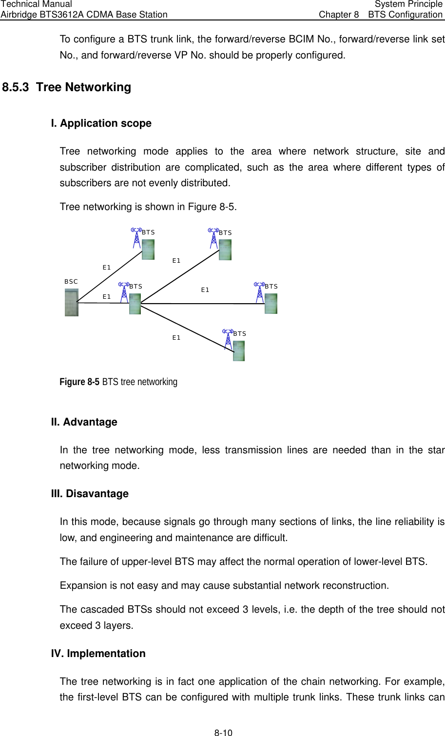 Technical Manual Airbridge BTS3612A CDMA Base Station  System Principle Chapter 8  BTS Configuration  8-10 To configure a BTS trunk link, the forward/reverse BCIM No., forward/reverse link set No., and forward/reverse VP No. should be properly configured. 8.5.3  Tree Networking I. Application scope Tree networking mode applies to the area where network structure, site and subscriber distribution are complicated, such as the area where different types of subscribers are not evenly distributed.   Tree networking is shown in Figure 8-5. BSCBTSBTSBTSE1E1E1BTSBTSE1E1 Figure 8-5 BTS tree networking II. Advantage In the tree networking mode, less transmission lines are needed than in the star networking mode. III. Disavantage In this mode, because signals go through many sections of links, the line reliability is low, and engineering and maintenance are difficult. The failure of upper-level BTS may affect the normal operation of lower-level BTS. Expansion is not easy and may cause substantial network reconstruction. The cascaded BTSs should not exceed 3 levels, i.e. the depth of the tree should not exceed 3 layers. IV. Implementation The tree networking is in fact one application of the chain networking. For example, the first-level BTS can be configured with multiple trunk links. These trunk links can 