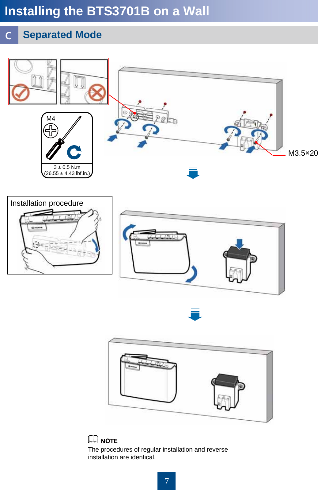 7Installing the BTS3701B on a WallcSeparated Mode 3 ±0.5 N.m (26.55 ±4.43 lbf.in.)M4The procedures of regular installation and reverse installation are identical. Installation procedureM3.5×20