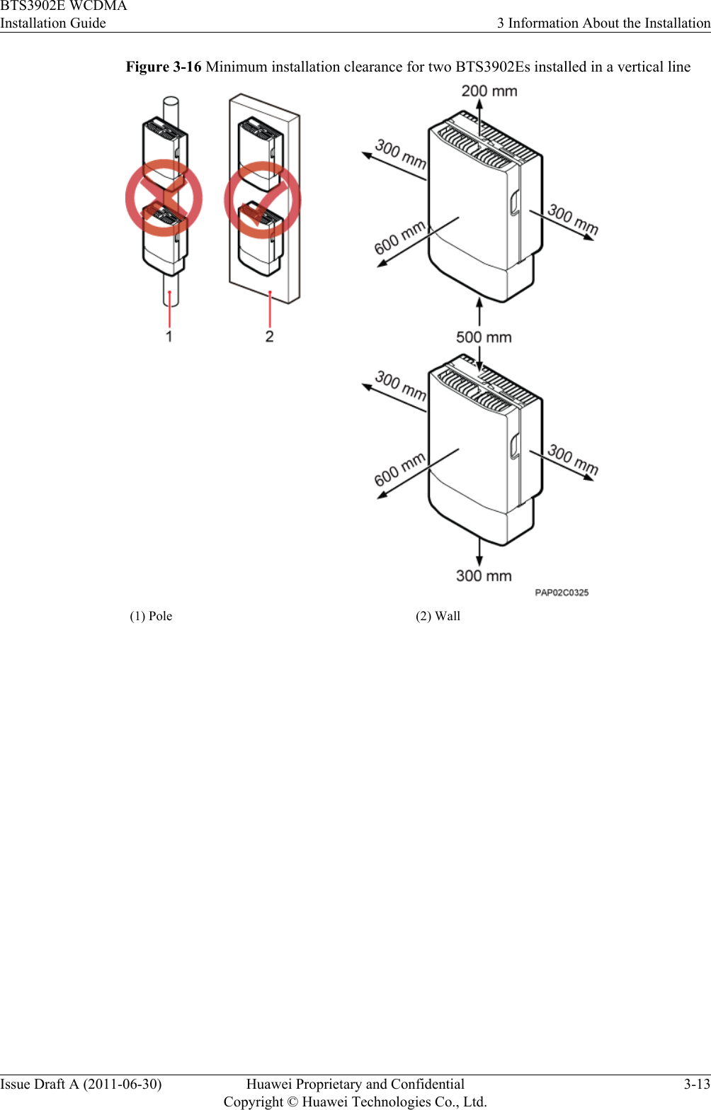 Figure 3-16 Minimum installation clearance for two BTS3902Es installed in a vertical line(1) Pole (2) WallBTS3902E WCDMAInstallation Guide 3 Information About the InstallationIssue Draft A (2011-06-30) Huawei Proprietary and ConfidentialCopyright © Huawei Technologies Co., Ltd.3-13
