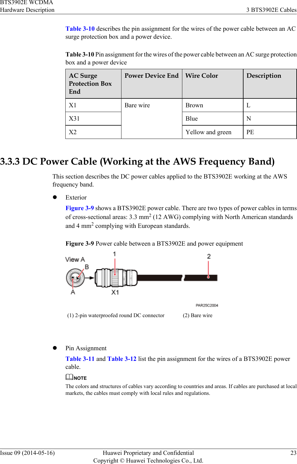 Table 3-10 describes the pin assignment for the wires of the power cable between an ACsurge protection box and a power device.Table 3-10 Pin assignment for the wires of the power cable between an AC surge protectionbox and a power deviceAC SurgeProtection BoxEndPower Device End Wire Color DescriptionX1 Bare wire Brown LX31 Blue NX2 Yellow and green PE 3.3.3 DC Power Cable (Working at the AWS Frequency Band)This section describes the DC power cables applied to the BTS3902E working at the AWSfrequency band.lExteriorFigure 3-9 shows a BTS3902E power cable. There are two types of power cables in termsof cross-sectional areas: 3.3 mm2 (12 AWG) complying with North American standardsand 4 mm2 complying with European standards.Figure 3-9 Power cable between a BTS3902E and power equipment(1) 2-pin waterproofed round DC connector (2) Bare wire lPin AssignmentTable 3-11 and Table 3-12 list the pin assignment for the wires of a BTS3902E powercable.NOTEThe colors and structures of cables vary according to countries and areas. If cables are purchased at localmarkets, the cables must comply with local rules and regulations.BTS3902E WCDMAHardware Description 3 BTS3902E CablesIssue 09 (2014-05-16) Huawei Proprietary and ConfidentialCopyright © Huawei Technologies Co., Ltd.23