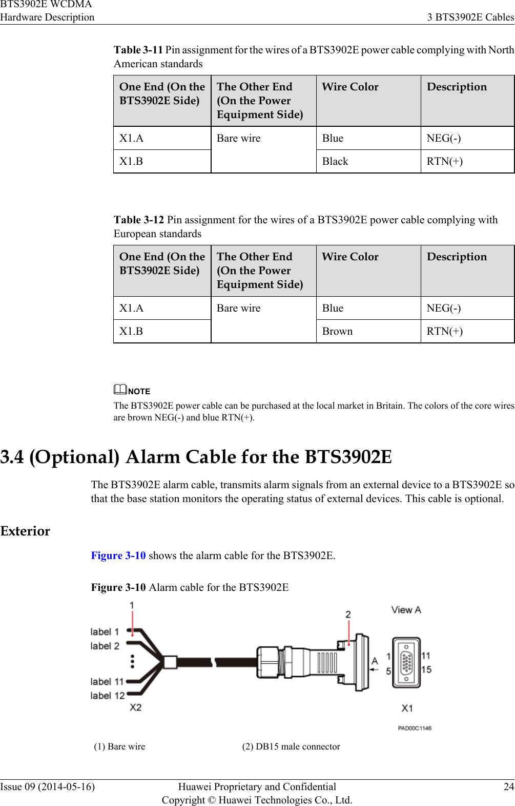 Table 3-11 Pin assignment for the wires of a BTS3902E power cable complying with NorthAmerican standardsOne End (On theBTS3902E Side)The Other End(On the PowerEquipment Side)Wire Color DescriptionX1.A Bare wire Blue NEG(-)X1.B Black RTN(+) Table 3-12 Pin assignment for the wires of a BTS3902E power cable complying withEuropean standardsOne End (On theBTS3902E Side)The Other End(On the PowerEquipment Side)Wire Color DescriptionX1.A Bare wire Blue NEG(-)X1.B Brown RTN(+) NOTEThe BTS3902E power cable can be purchased at the local market in Britain. The colors of the core wiresare brown NEG(-) and blue RTN(+).3.4 (Optional) Alarm Cable for the BTS3902EThe BTS3902E alarm cable, transmits alarm signals from an external device to a BTS3902E sothat the base station monitors the operating status of external devices. This cable is optional.ExteriorFigure 3-10 shows the alarm cable for the BTS3902E.Figure 3-10 Alarm cable for the BTS3902E(1) Bare wire (2) DB15 male connectorBTS3902E WCDMAHardware Description 3 BTS3902E CablesIssue 09 (2014-05-16) Huawei Proprietary and ConfidentialCopyright © Huawei Technologies Co., Ltd.24