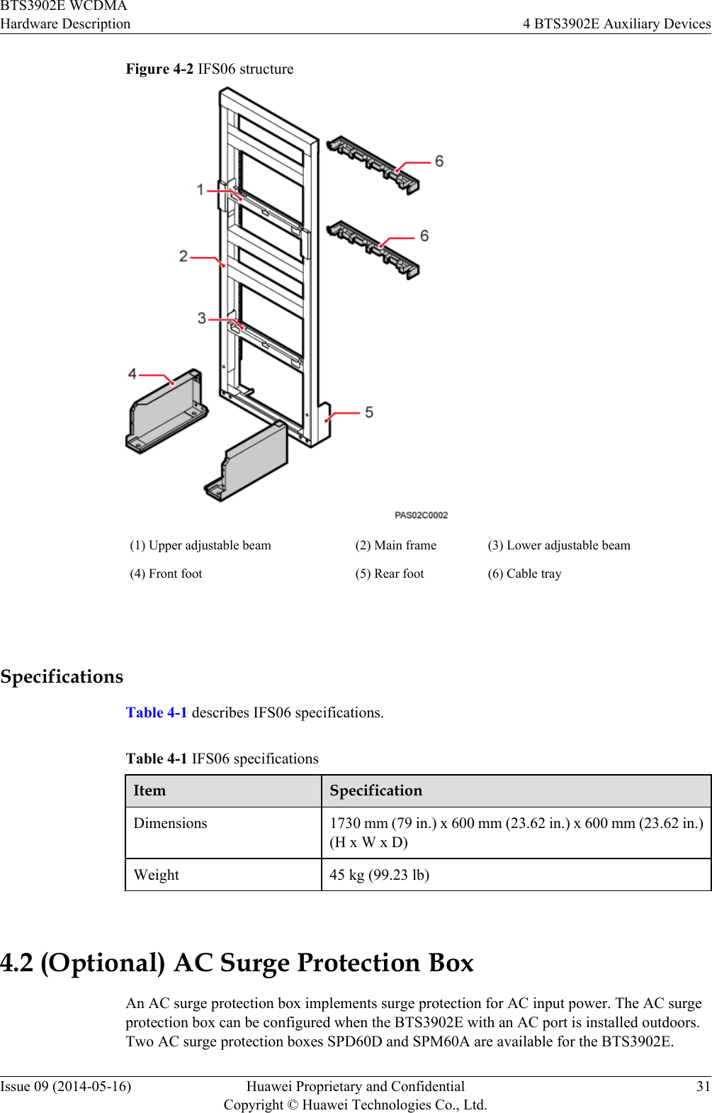 Figure 4-2 IFS06 structure(1) Upper adjustable beam (2) Main frame (3) Lower adjustable beam(4) Front foot (5) Rear foot (6) Cable tray SpecificationsTable 4-1 describes IFS06 specifications.Table 4-1 IFS06 specificationsItem SpecificationDimensions 1730 mm (79 in.) x 600 mm (23.62 in.) x 600 mm (23.62 in.)(H x W x D)Weight 45 kg (99.23 lb) 4.2 (Optional) AC Surge Protection BoxAn AC surge protection box implements surge protection for AC input power. The AC surgeprotection box can be configured when the BTS3902E with an AC port is installed outdoors.Two AC surge protection boxes SPD60D and SPM60A are available for the BTS3902E.BTS3902E WCDMAHardware Description 4 BTS3902E Auxiliary DevicesIssue 09 (2014-05-16) Huawei Proprietary and ConfidentialCopyright © Huawei Technologies Co., Ltd.31
