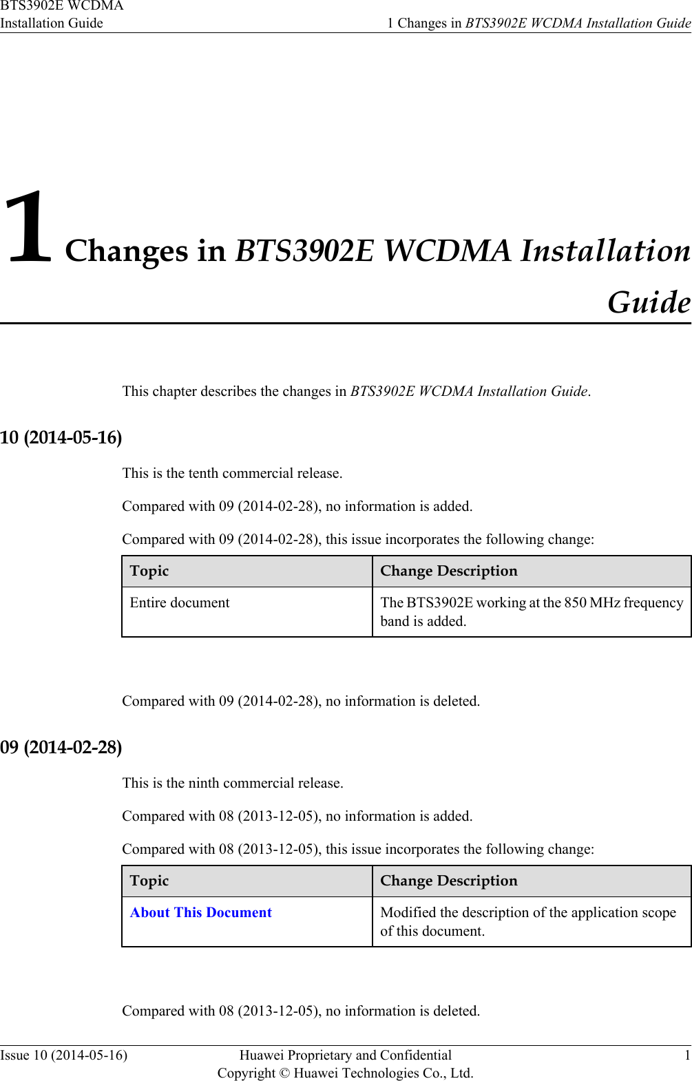 1 Changes in BTS3902E WCDMA InstallationGuideThis chapter describes the changes in BTS3902E WCDMA Installation Guide.10 (2014-05-16)This is the tenth commercial release.Compared with 09 (2014-02-28), no information is added.Compared with 09 (2014-02-28), this issue incorporates the following change:Topic Change DescriptionEntire document The BTS3902E working at the 850 MHz frequencyband is added. Compared with 09 (2014-02-28), no information is deleted.09 (2014-02-28)This is the ninth commercial release.Compared with 08 (2013-12-05), no information is added.Compared with 08 (2013-12-05), this issue incorporates the following change:Topic Change DescriptionAbout This Document Modified the description of the application scopeof this document. Compared with 08 (2013-12-05), no information is deleted.BTS3902E WCDMAInstallation Guide 1 Changes in BTS3902E WCDMA Installation GuideIssue 10 (2014-05-16) Huawei Proprietary and ConfidentialCopyright © Huawei Technologies Co., Ltd.1