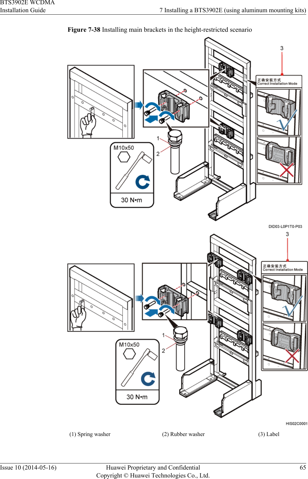 Figure 7-38 Installing main brackets in the height-restricted scenario(1) Spring washer (2) Rubber washer (3) LabelBTS3902E WCDMAInstallation Guide 7 Installing a BTS3902E (using aluminum mounting kits)Issue 10 (2014-05-16) Huawei Proprietary and ConfidentialCopyright © Huawei Technologies Co., Ltd.65