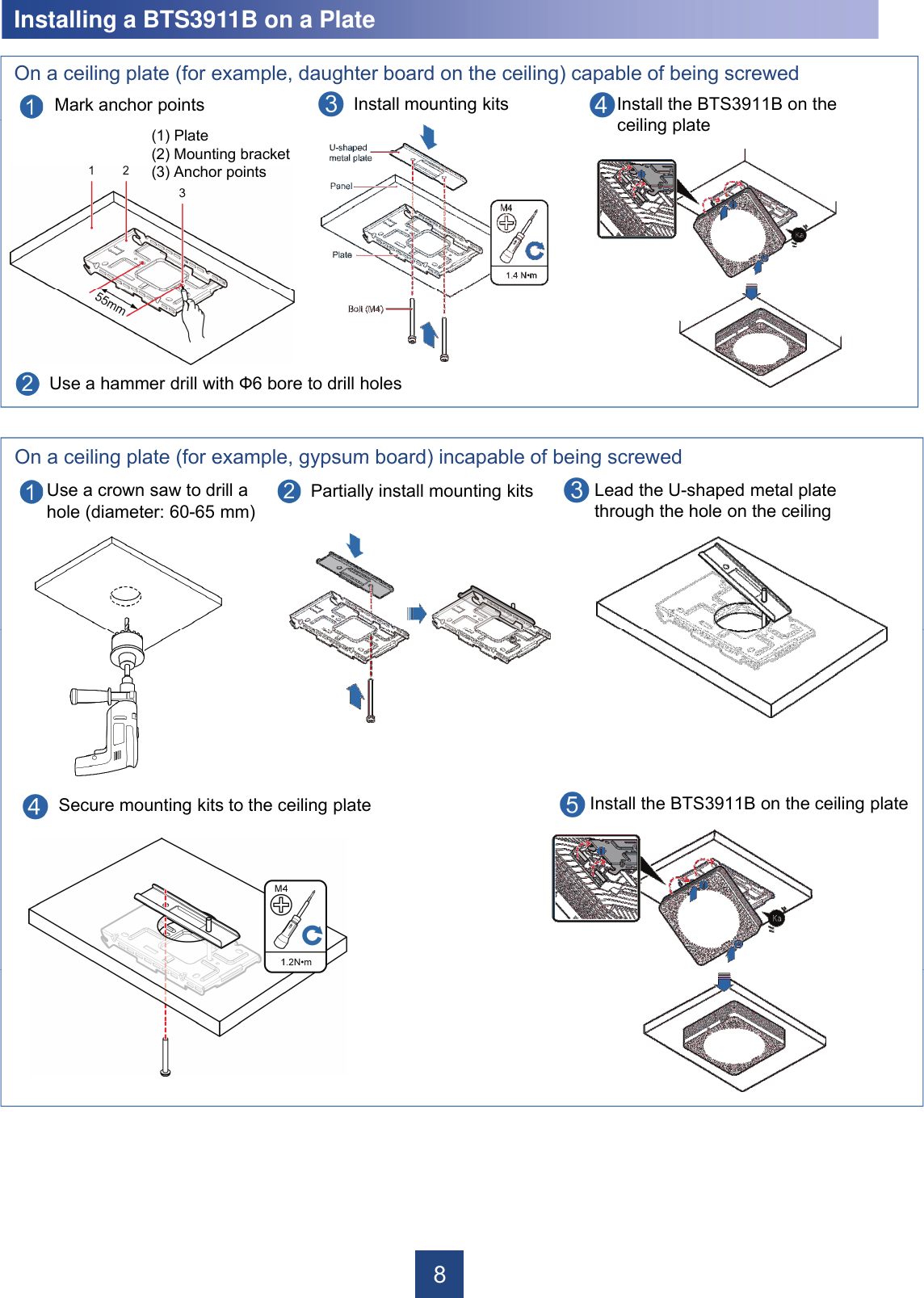 Install mouMark anchor pointsInstalling a BTS3911B on a PlateOn a ceiling plate (for example, daughter board (1) Plate(2) Mounting bracket(3) Anchor pointsUse a hammer drill with Ф6 bore to drill holesOn a ceiling plate (for example gypsum board)Partially install mUse a crown saw to drill a hole (diameter: 60-65 mm)On a ceiling plate (for example, gypsum board) S ti kit t th ili l tSecure mounting kits to the ceiling plate8nting kits Install the BTS3911B on the ili l ton the ceiling) capable of being screwedceiling plateincapable of being screwedmounting kits Lead the U-shaped metal plate through the hole on the ceilingincapable of being screwedI t ll th BTS3911B th ili l tInstall the BTS3911B on the ceiling plate8