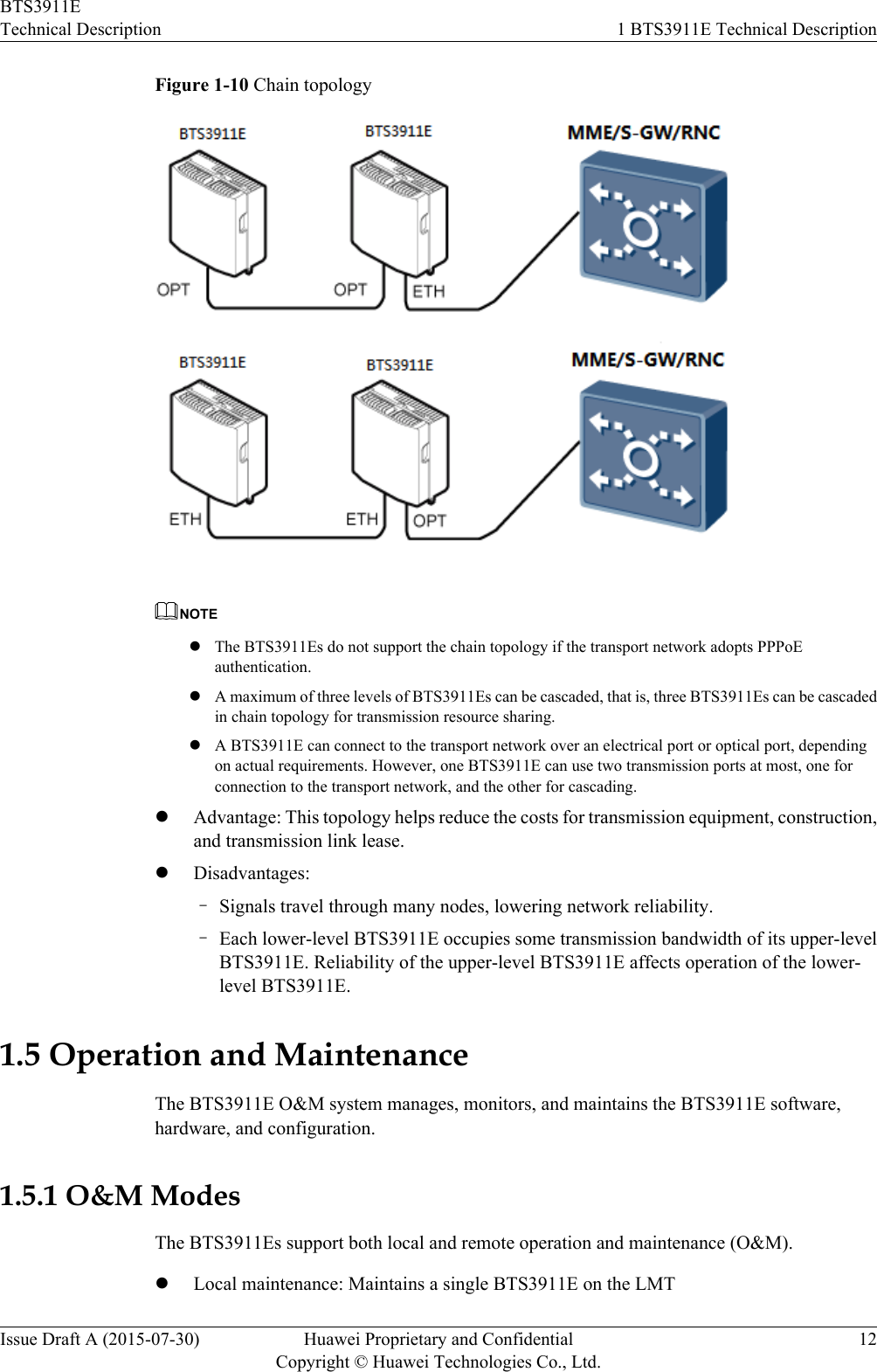 Figure 1-10 Chain topologyNOTElThe BTS3911Es do not support the chain topology if the transport network adopts PPPoEauthentication.lA maximum of three levels of BTS3911Es can be cascaded, that is, three BTS3911Es can be cascadedin chain topology for transmission resource sharing.lA BTS3911E can connect to the transport network over an electrical port or optical port, dependingon actual requirements. However, one BTS3911E can use two transmission ports at most, one forconnection to the transport network, and the other for cascading.lAdvantage: This topology helps reduce the costs for transmission equipment, construction,and transmission link lease.lDisadvantages:–Signals travel through many nodes, lowering network reliability.–Each lower-level BTS3911E occupies some transmission bandwidth of its upper-levelBTS3911E. Reliability of the upper-level BTS3911E affects operation of the lower-level BTS3911E.1.5 Operation and MaintenanceThe BTS3911E O&amp;M system manages, monitors, and maintains the BTS3911E software,hardware, and configuration.1.5.1 O&amp;M ModesThe BTS3911Es support both local and remote operation and maintenance (O&amp;M).lLocal maintenance: Maintains a single BTS3911E on the LMTBTS3911ETechnical Description 1 BTS3911E Technical DescriptionIssue Draft A (2015-07-30) Huawei Proprietary and ConfidentialCopyright © Huawei Technologies Co., Ltd.12