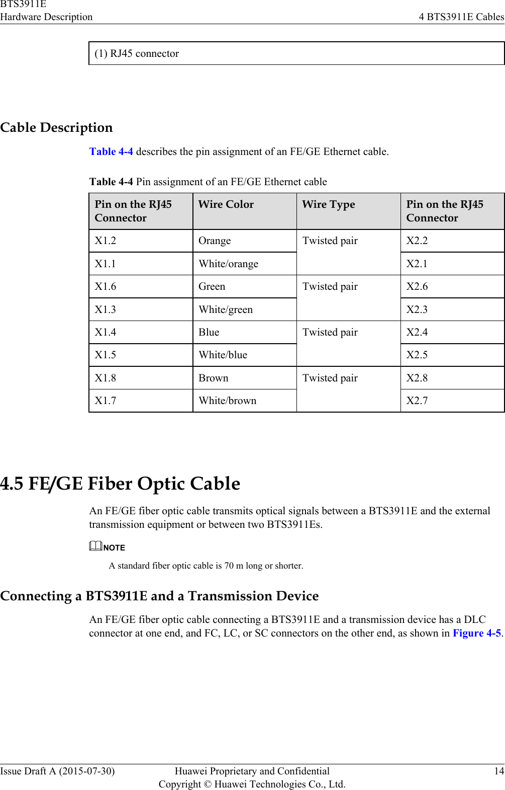 (1) RJ45 connector Cable DescriptionTable 4-4 describes the pin assignment of an FE/GE Ethernet cable.Table 4-4 Pin assignment of an FE/GE Ethernet cablePin on the RJ45ConnectorWire Color Wire Type Pin on the RJ45ConnectorX1.2 Orange Twisted pair X2.2X1.1 White/orange X2.1X1.6 Green Twisted pair X2.6X1.3 White/green X2.3X1.4 Blue Twisted pair X2.4X1.5 White/blue X2.5X1.8 Brown Twisted pair X2.8X1.7 White/brown X2.7 4.5 FE/GE Fiber Optic CableAn FE/GE fiber optic cable transmits optical signals between a BTS3911E and the externaltransmission equipment or between two BTS3911Es.NOTEA standard fiber optic cable is 70 m long or shorter.Connecting a BTS3911E and a Transmission DeviceAn FE/GE fiber optic cable connecting a BTS3911E and a transmission device has a DLCconnector at one end, and FC, LC, or SC connectors on the other end, as shown in Figure 4-5.BTS3911EHardware Description 4 BTS3911E CablesIssue Draft A (2015-07-30) Huawei Proprietary and ConfidentialCopyright © Huawei Technologies Co., Ltd.14