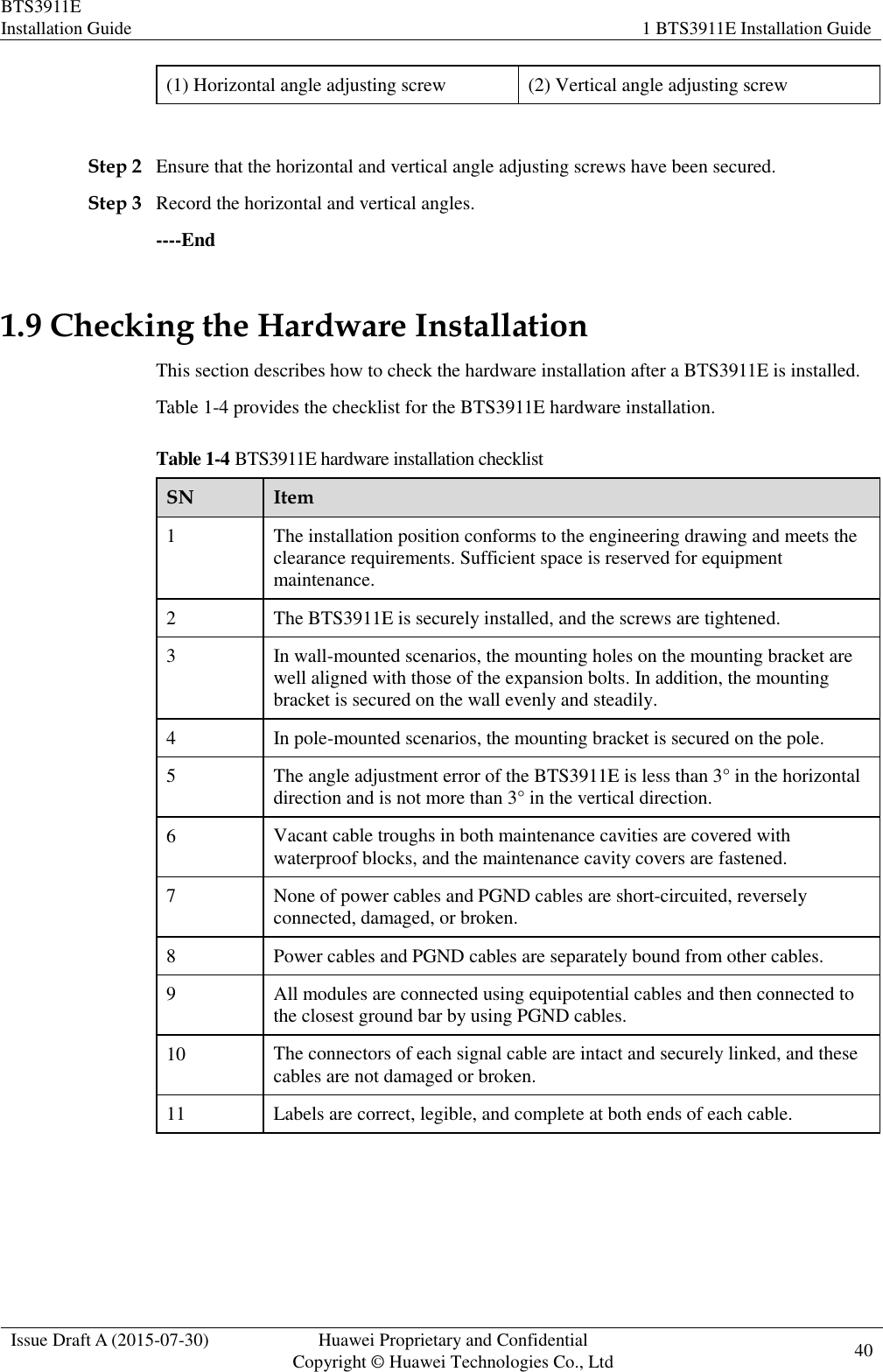 BTS3911E Installation Guide 1 BTS3911E Installation Guide  Issue Draft A (2015-07-30) Huawei Proprietary and Confidential           Copyright © Huawei Technologies Co., Ltd 40    (1) Horizontal angle adjusting screw (2) Vertical angle adjusting screw  Step 2 Ensure that the horizontal and vertical angle adjusting screws have been secured.   Step 3 Record the horizontal and vertical angles. ----End 1.9 Checking the Hardware Installation This section describes how to check the hardware installation after a BTS3911E is installed. Table 1-4 provides the checklist for the BTS3911E hardware installation. Table 1-4 BTS3911E hardware installation checklist SN Item 1 The installation position conforms to the engineering drawing and meets the clearance requirements. Sufficient space is reserved for equipment maintenance. 2 The BTS3911E is securely installed, and the screws are tightened. 3 In wall-mounted scenarios, the mounting holes on the mounting bracket are well aligned with those of the expansion bolts. In addition, the mounting bracket is secured on the wall evenly and steadily.   4 In pole-mounted scenarios, the mounting bracket is secured on the pole. 5 The angle adjustment error of the BTS3911E is less than 3° in the horizontal direction and is not more than 3° in the vertical direction. 6 Vacant cable troughs in both maintenance cavities are covered with waterproof blocks, and the maintenance cavity covers are fastened. 7 None of power cables and PGND cables are short-circuited, reversely connected, damaged, or broken. 8 Power cables and PGND cables are separately bound from other cables. 9 All modules are connected using equipotential cables and then connected to the closest ground bar by using PGND cables. 10 The connectors of each signal cable are intact and securely linked, and these cables are not damaged or broken. 11 Labels are correct, legible, and complete at both ends of each cable.  