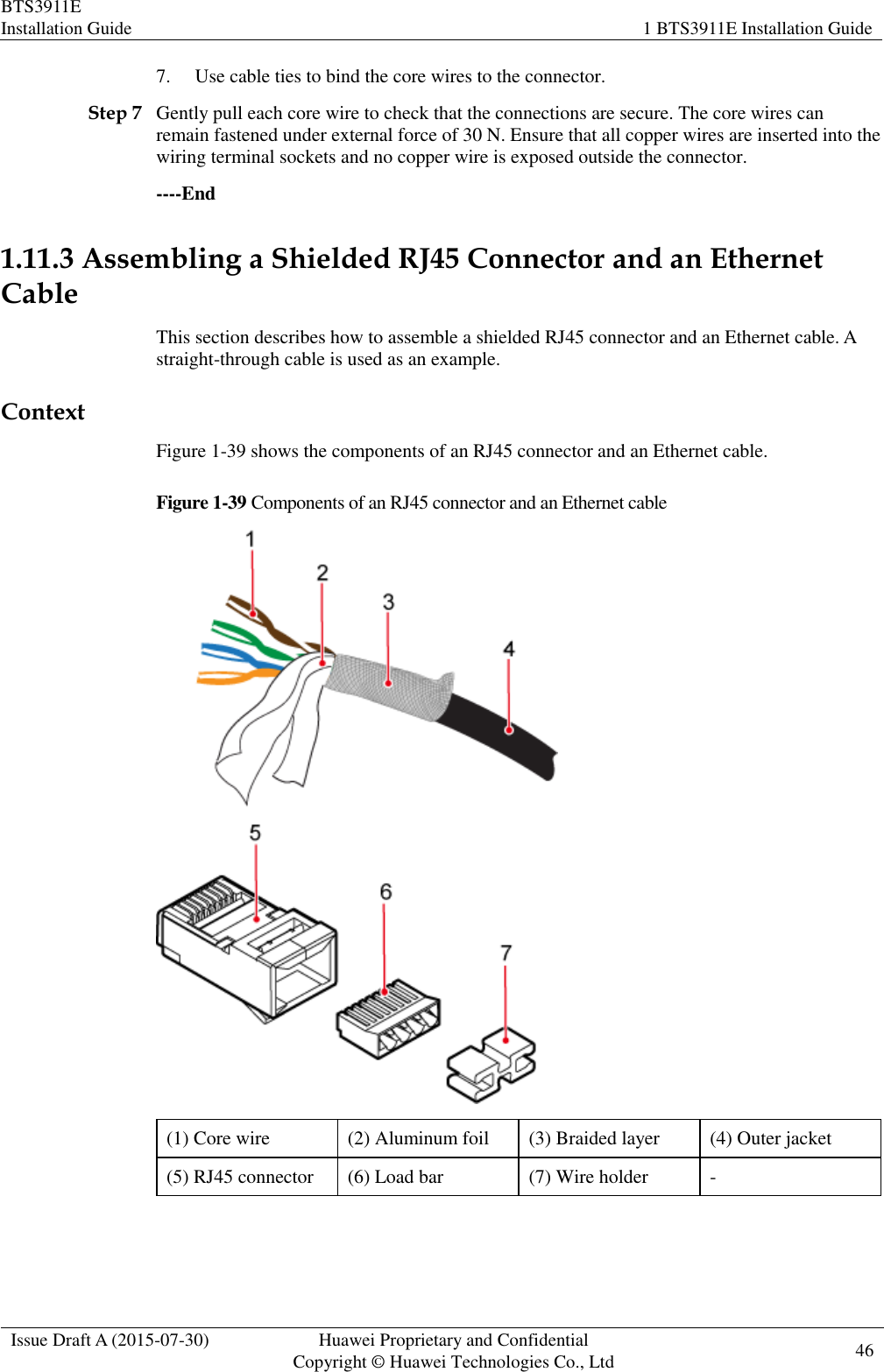BTS3911E Installation Guide 1 BTS3911E Installation Guide  Issue Draft A (2015-07-30) Huawei Proprietary and Confidential           Copyright © Huawei Technologies Co., Ltd 46    7. Use cable ties to bind the core wires to the connector. Step 7 Gently pull each core wire to check that the connections are secure. The core wires can remain fastened under external force of 30 N. Ensure that all copper wires are inserted into the wiring terminal sockets and no copper wire is exposed outside the connector. ----End 1.11.3 Assembling a Shielded RJ45 Connector and an Ethernet Cable This section describes how to assemble a shielded RJ45 connector and an Ethernet cable. A straight-through cable is used as an example. Context Figure 1-39 shows the components of an RJ45 connector and an Ethernet cable. Figure 1-39 Components of an RJ45 connector and an Ethernet cable    (1) Core wire (2) Aluminum foil (3) Braided layer (4) Outer jacket (5) RJ45 connector (6) Load bar (7) Wire holder -  