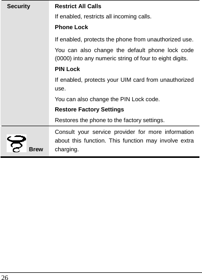   26 Security Restrict All Calls If enabled, restricts all incoming calls. Phone Lock If enabled, protects the phone from unauthorized use. You can also change the default phone lock code (0000) into any numeric string of four to eight digits. PIN Lock If enabled, protects your UIM card from unauthorized use. You can also change the PIN Lock code. Restore Factory Settings Restores the phone to the factory settings.  Brew Consult your service provider for more information about this function. This function may involve extra charging.  