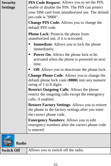 25 Security Settings  PIN Code Request: Allows you to set the PIN, enable or disable the PIN. The PIN can protect your SIM card from unauthorized use. The default pin code is &quot;0000&quot;. Change PIN Code: Allows you to change the default PIN code. Phone Lock: Protects the phone from unauthorized use, if it is activated. z Immediate: Allows you to lock the phone immediately. z Power On: Allows the phone lock to be activated when the phone is powered on next time. z Off: Allows you to deactivate the phone lock. Change Phone Code: Allows you to change the default phone lock code (0000) into any numeric string of 1 to 8 digits. Restrict Outgoing Calls: Allows the phone restrict the outgoing calls except the emergency calls, if enabled. Restore Factory Settings: Allows you to restore the phone to the factory settings after you enter the correct phone code. Emergency Numbers: Allows you to edit emergency numbers after the correct phone code is entered.  Radio Switch Off  Allows you to switch off the radio. 