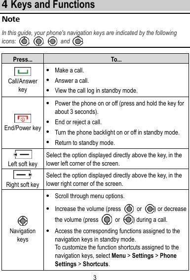 3 4 Keys and Functions Note In this guide, your phone&apos;s navigation keys are indicated by the following icons:  ,  ,   and  . Press... To...  Call/Answer key  Make a call.  Answer a call.  View the call log in standby mode.  End/Power key  Power the phone on or off (press and hold the key for about 3 seconds).  End or reject a call.  Turn the phone backlight on or off in standby mode.  Return to standby mode.  Left soft key Select the option displayed directly above the key, in the lower left corner of the screen.  Right soft key Select the option displayed directly above the key, in the lower right corner of the screen.  Navigation keys  Scroll through menu options.  Increase the volume (press    or  ) or decrease the volume (press    or  ) during a call.  Access the corresponding functions assigned to the navigation keys in standby mode.   To customize the function shortcuts assigned to the navigation keys, select Menu &gt; Settings &gt; Phone Settings &gt; Shortcuts. 