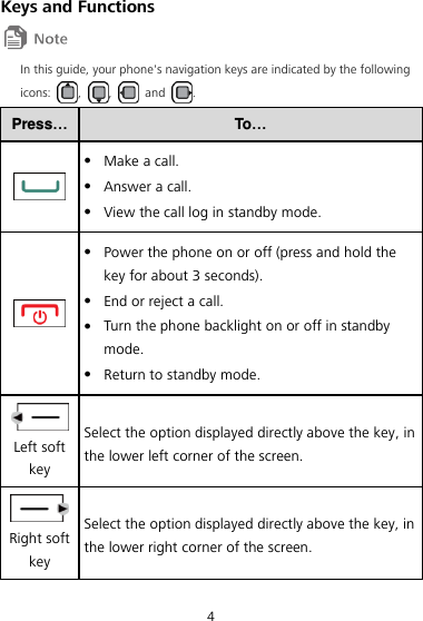 4 Keys and Functions  In this guide, your phone&apos;s navigation keys are indicated by the following icons:  ,  ,    and  . Press… To…   Make a call.  Answer a call.  View the call log in standby mode.     Power the phone on or off (press and hold the key for about 3 seconds).  End or reject a call.  Turn the phone backlight on or off in standby mode.  Return to standby mode.  Left soft key Select the option displayed directly above the key, in the lower left corner of the screen.  Right soft key Select the option displayed directly above the key, in the lower right corner of the screen. 