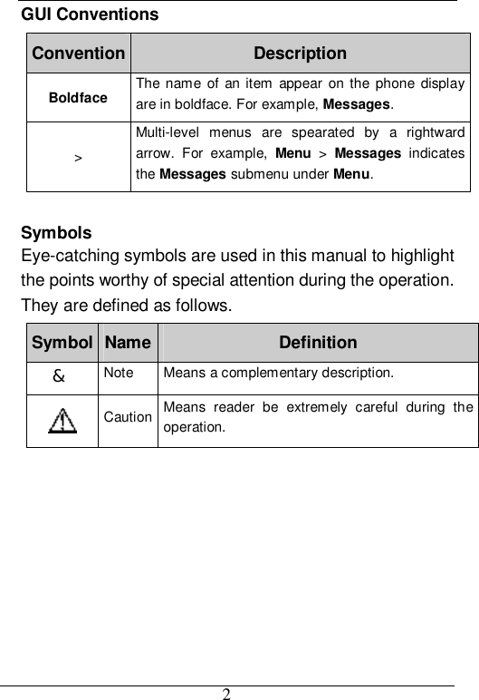  2 GUI Conventions Convention Description Boldface  The name of an item appear on the phone display are in boldface. For example, Messages. &gt; Multi-level menus are spearated by a rightward arrow. For example,  Menu  &gt;  Messages  indicates the Messages submenu under Menu.  Symbols Eye-catching symbols are used in this manual to highlight the points worthy of special attention during the operation. They are defined as follows. Symbol Name Definition &amp; Note  Means a complementary description.  Caution Means reader be extremely careful during the operation.  