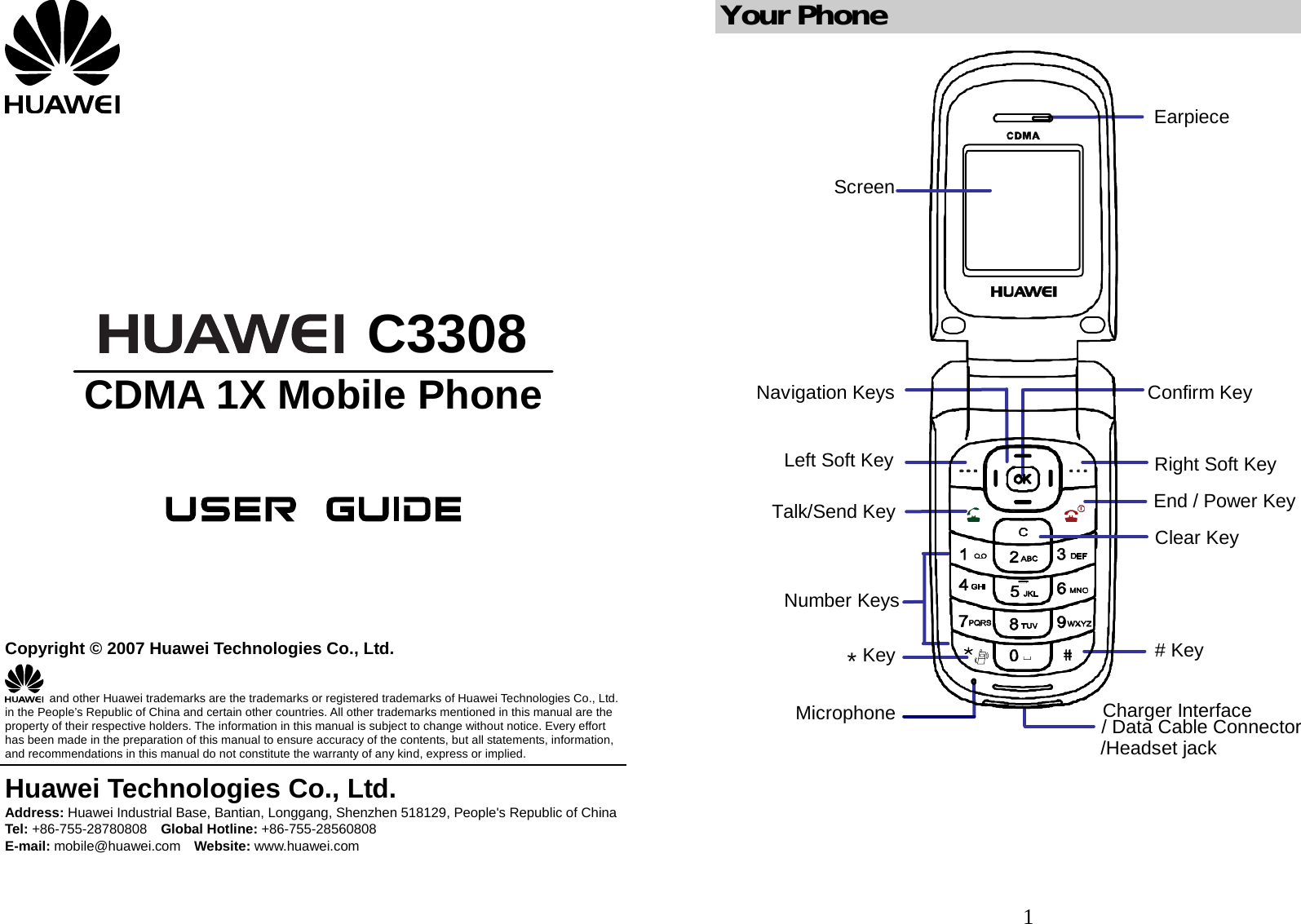         C3308 CDMA 1X Mobile Phone       Copyright © 2007 Huawei Technologies Co., Ltd.   and other Huawei trademarks are the trademarks or registered trademarks of Huawei Technologies Co., Ltd. in the People’s Republic of China and certain other countries. All other trademarks mentioned in this manual are the property of their respective holders. The information in this manual is subject to change without notice. Every effort has been made in the preparation of this manual to ensure accuracy of the contents, but all statements, information, and recommendations in this manual do not constitute the warranty of any kind, express or implied. Huawei Technologies Co., Ltd. Address: Huawei Industrial Base, Bantian, Longgang, Shenzhen 518129, People&apos;s Republic of China Tel: +86-755-28780808  Global Hotline: +86-755-28560808 E-mail: mobile@huawei.com  Website: www.huawei.com   1 Your Phone ScreenEarpieceNavigation KeysLeft Soft KeyTalk/Send KeyRight Soft KeyEnd / Power Key# Key*KeyNumber KeysCharger Interface/ Data Cable ConnectorConfirm KeyMicrophone/Headset jackClear Key    