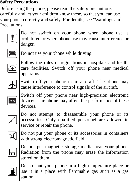 Safety Precautions Before using the phone, please read the safety precautions carefully and let your children know these, so that you can use your phone correctly and safely. For details, see &quot;Warnings and Precautions&quot;.  Do not switch on your phone when phone use is prohibited or when phone use may cause interference or danger.  Do not use your phone while driving.  Follow the rules or regulations in hospitals and health care facilities. Switch off your phone near medical apparatus.  Switch off your phone in an aircraft. The phone may cause interference to control signals of the aircraft.  Switch off your phone near high-precision electronic devices. The phone may affect the performance of these devices.  Do not attempt to disassemble your phone or its accessories. Only qualified personnel are allowed to service or repair the phone.  Do not put your phone or its accessories in containers with strong electromagnetic field.  Do not put magnetic storage media near your phone. Radiation from the phone may erase the information stored on them.  Do not put your phone in a high-temperature place or use it in a place with flammable gas such as a gas station.  