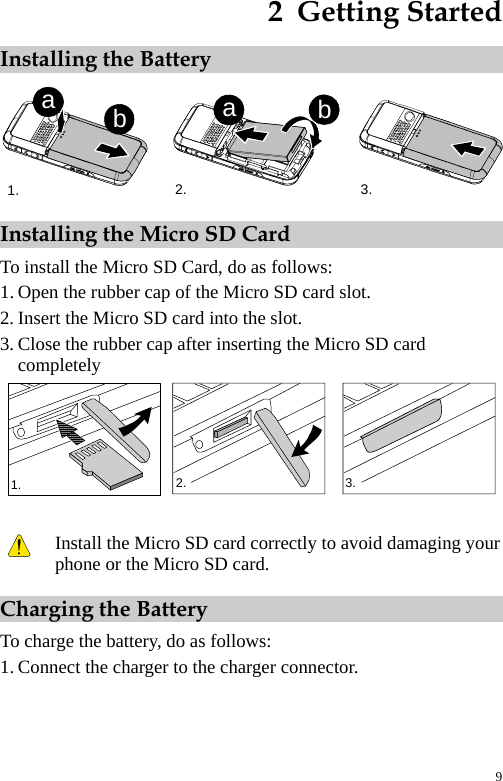 2  Getting Started Installing the Battery 3.2.1.abab Installing the Micro SD Card To install the Micro SD Card, do as follows: 1. Open the rubber cap of the Micro SD card slot. 2. Insert the Micro SD card into the slot. 3. Close the rubber cap after inserting the Micro SD card completely 1. 2. 3.    Install the Micro SD card correctly to avoid damaging your phone or the Micro SD card. Charging the Battery To charge the battery, do as follows: 1. Connect the charger to the charger connector. 9 