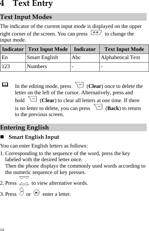  4  Text Entry Text Input Modes The indicator of the current input mode is displayed on the upper right corner of the screen. You can press   to change the input mode. Indicator  Text Input Mode Indicator  Text Input Mode En Smart English Abc  Alphabetical Text 123 Numbers  -  -   In the editing mode, press   (Clear) once to delete the letter on the left of the cursor. Alternatively, press and hold   (Clear) to clear all letters at one time. If there is no letter to delete, you can press   (Back) to return to the previous screen. Entering English  Smart English Input You can enter English letters as follows: 1. Corresponding to the sequence of the word, press the key labeled with the desired letter once. Then the phone displays the commonly used words according to the numeric sequence of key presses. 2. Press    to view alternative words. 3. Press   or   enter a letter. 14 