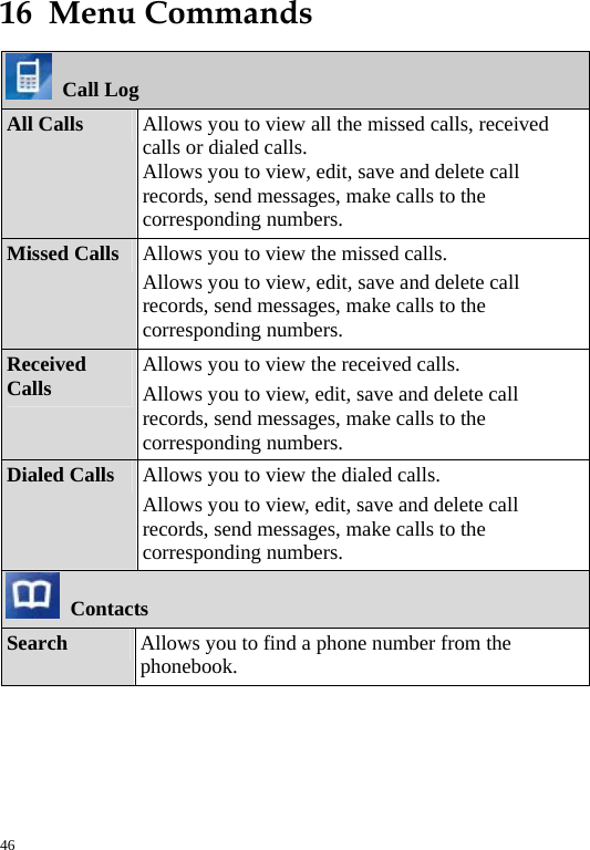  16  Menu Commands  Call Log All Calls  Allows you to view all the missed calls, received calls or dialed calls. Allows you to view, edit, save and delete call records, send messages, make calls to the corresponding numbers. Missed Calls  Allows you to view the missed calls. Allows you to view, edit, save and delete call records, send messages, make calls to the corresponding numbers. Received Calls  Allows you to view the received calls. Allows you to view, edit, save and delete call records, send messages, make calls to the corresponding numbers. Dialed Calls  Allows you to view the dialed calls. Allows you to view, edit, save and delete call records, send messages, make calls to the corresponding numbers.  Contacts Search  Allows you to find a phone number from the phonebook. 46 