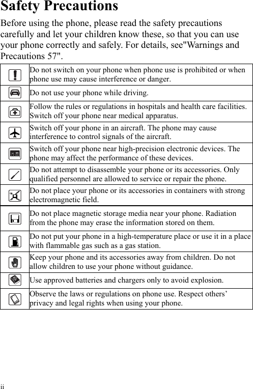 ii Safety Precautions Before using the phone, please read the safety precautions carefully and let your children know these, so that you can use your phone correctly and safely. For details, see&quot;Warnings and Precautions 57&quot;.  Do not switch on your phone when phone use is prohibited or when phone use may cause interference or danger.  Do not use your phone while driving.  Follow the rules or regulations in hospitals and health care facilities. Switch off your phone near medical apparatus.  Switch off your phone in an aircraft. The phone may cause interference to control signals of the aircraft.  Switch off your phone near high-precision electronic devices. The phone may affect the performance of these devices.  Do not attempt to disassemble your phone or its accessories. Only qualified personnel are allowed to service or repair the phone.  Do not place your phone or its accessories in containers with strong electromagnetic field.  Do not place magnetic storage media near your phone. Radiation from the phone may erase the information stored on them.  Do not put your phone in a high-temperature place or use it in a place with flammable gas such as a gas station.  Keep your phone and its accessories away from children. Do not allow children to use your phone without guidance.  Use approved batteries and chargers only to avoid explosion.  Observe the laws or regulations on phone use. Respect others’ privacy and legal rights when using your phone. 